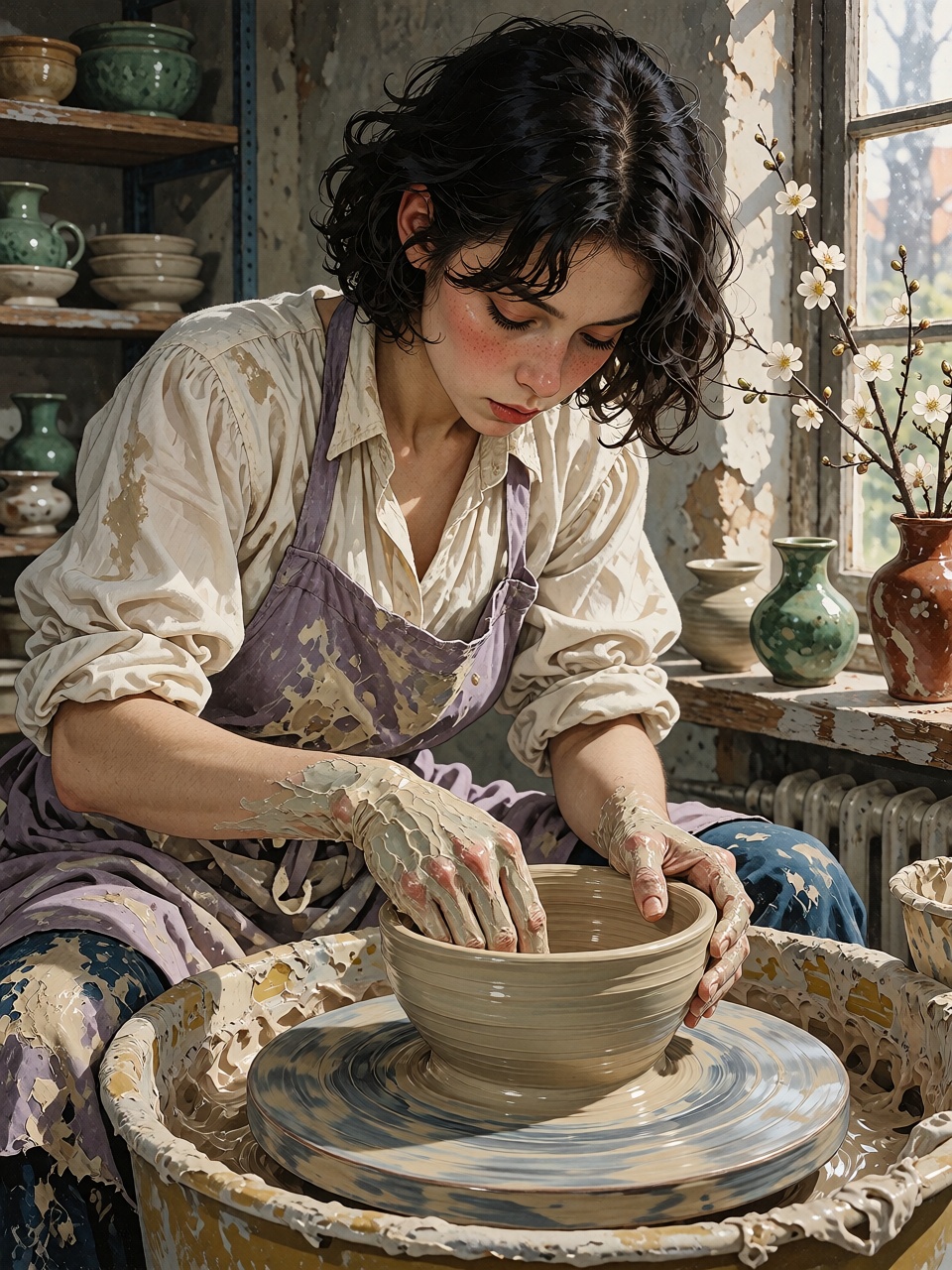 A young woman with short wavy black hair shapes a pale celadon bowl on a pottery wheel. She wears a white blouse with roll...