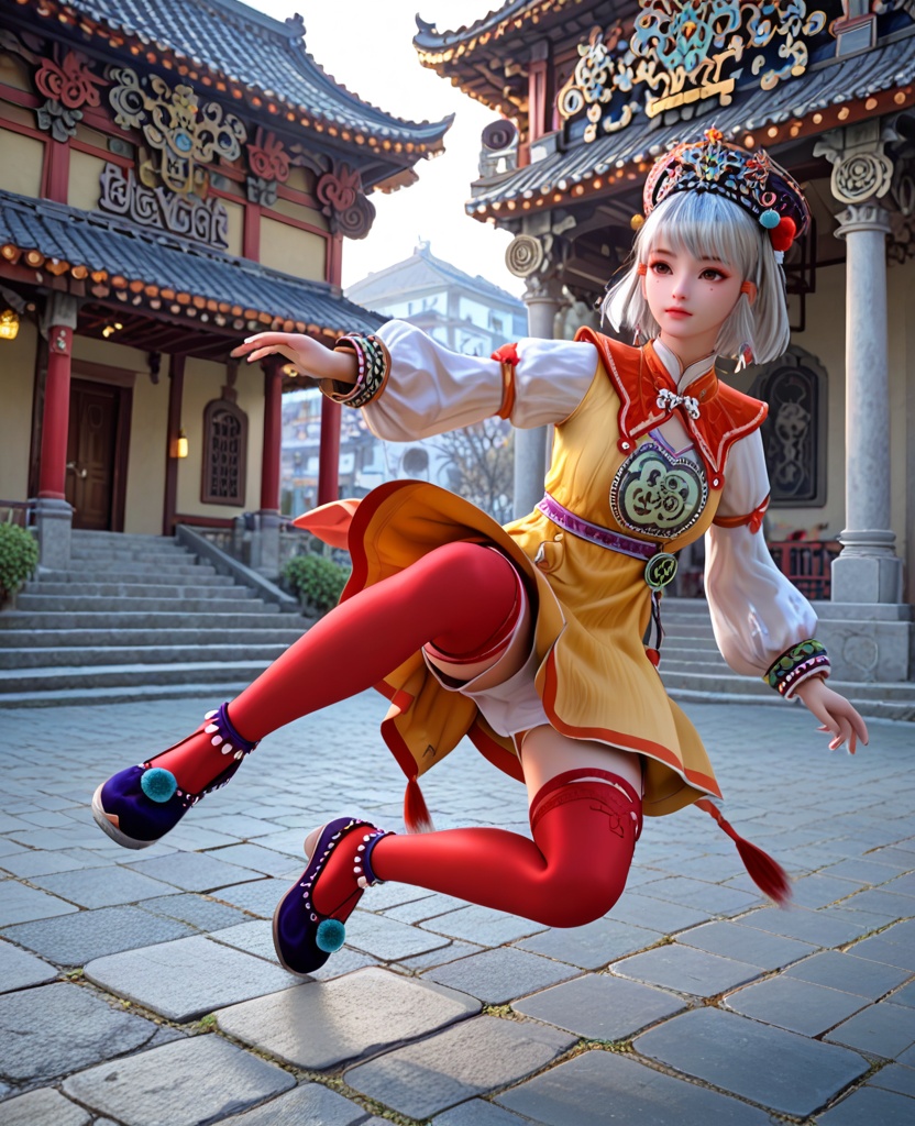 (oriental architecture, elegant decor, sophisticated style:1.1),(Bungy Jumping, falling:1.1),(breasts:1.2),<lora:XL少年白马小白:0.95>,miss xiaobai,yellow short dress,brown detachable collar,puffy long sleeves,brown miniskirt,belt,brown eyes,mole under eye,silver hair,bangs,hat,jewelry,red thighhighs,black shoes,anklet,pom pom \(ornament\),, score_9,score_8_up,score_7_up,score_6_up,score_5_up,score_4_up,3d rendering,tag1,tag2, Cinematic Lighting,backlighting,