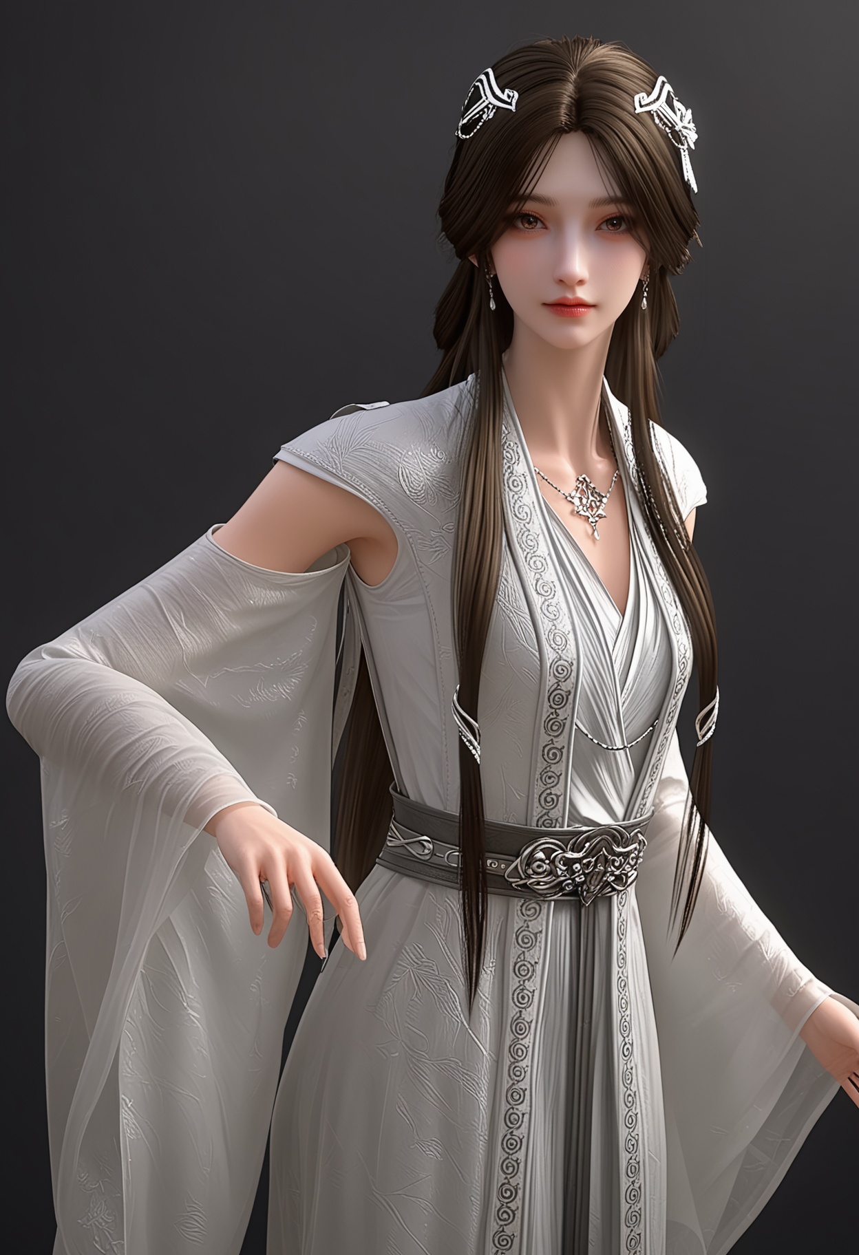 (standing full_body:1.1),score_9,score_8_up,masterpiece,(best quality),intricate details,facing viewer,(looking at viewer:1.1),<lora:YQ_pony_yuxin2.0_V4:0.8>,q1528437228,1girl,solo,long hair,hair ornament,jewelry,earrings,dress,brown hair,white dress,necklace,black hair,brown eyes,chinese clothes,long sleeves,detached sleeves,wide sleeves,hair bun,BREAKscore_9,score_8_up,masterpiece,(best quality),perfect anatomy,(hourglass),perfect face,(simple background,pure black background,black background:1.1),fair_skin,shiny_skin,Ivory_skin,