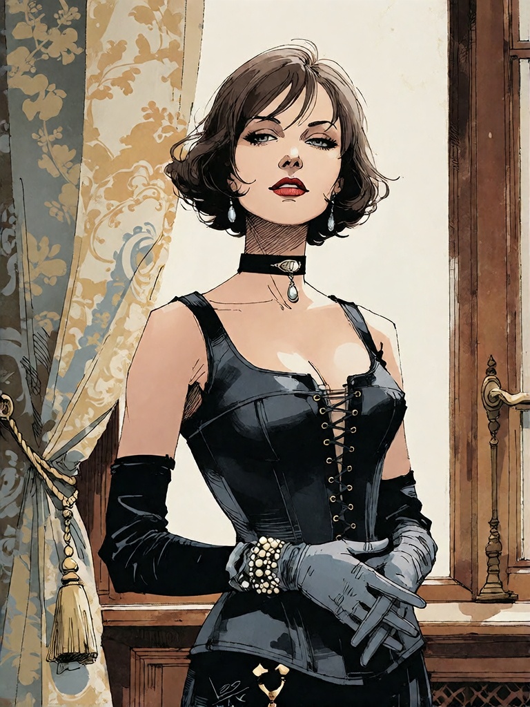 Bradhamel art style.A portrait of a woman with short dark hair and bangs,  wearing a black satin-like corset top with long...