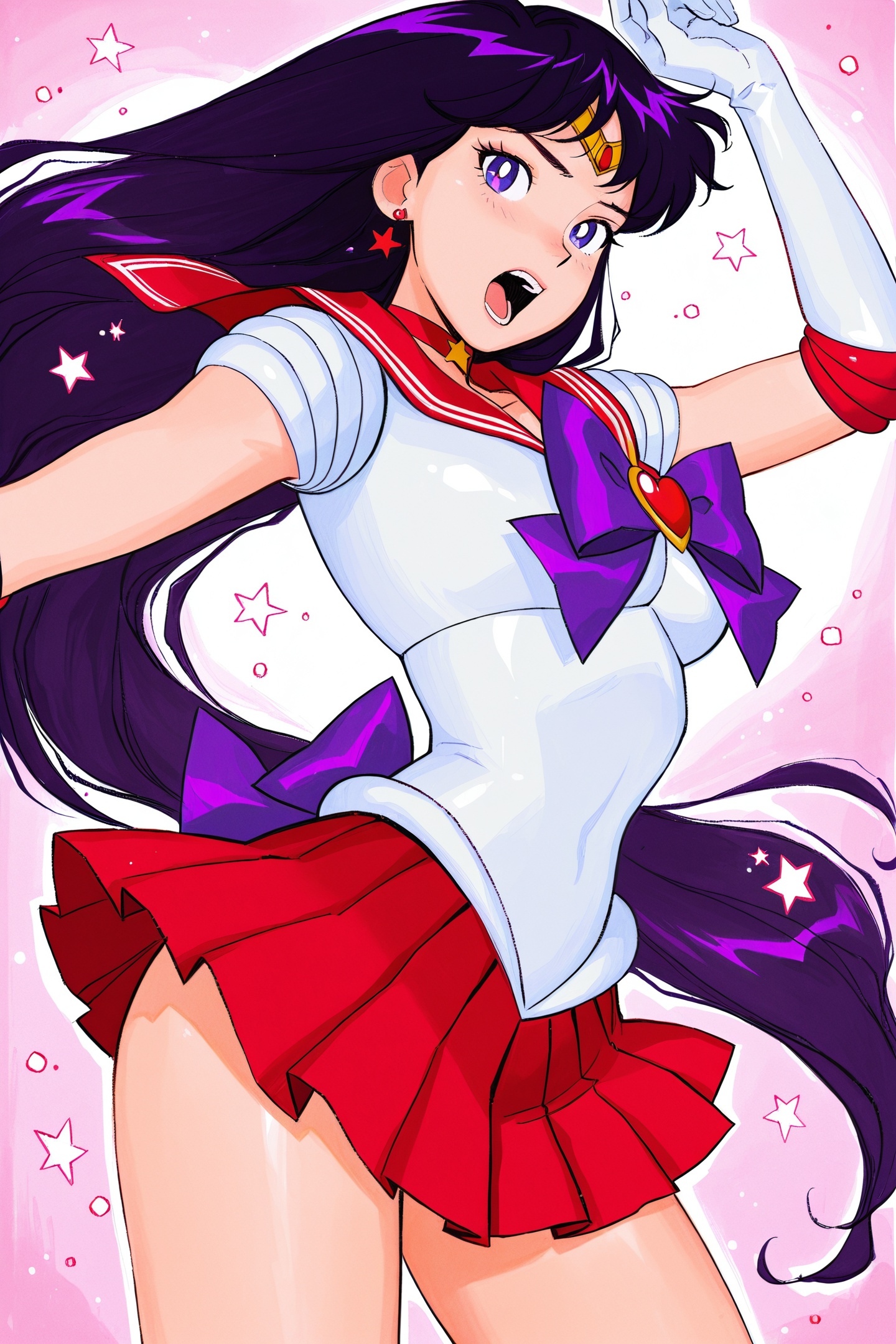 ami thompson Style,1girl,sailor mars,sailor senshi uniform,solo,hino rei,long hair,magical girl,gloves,skirt,jewelry,red skirt,red sailor collar,earrings,white gloves,purple eyes,traditional media,bow,elbow gloves,tiara,sailor collar,purple hair,heart,bare legs,purple bow,pleated skirt,open mouth,star \(symbol\),very long hair,brooch,choker,upper body,teeth,<lora:ami thompson_illustriousXL:1.2>,