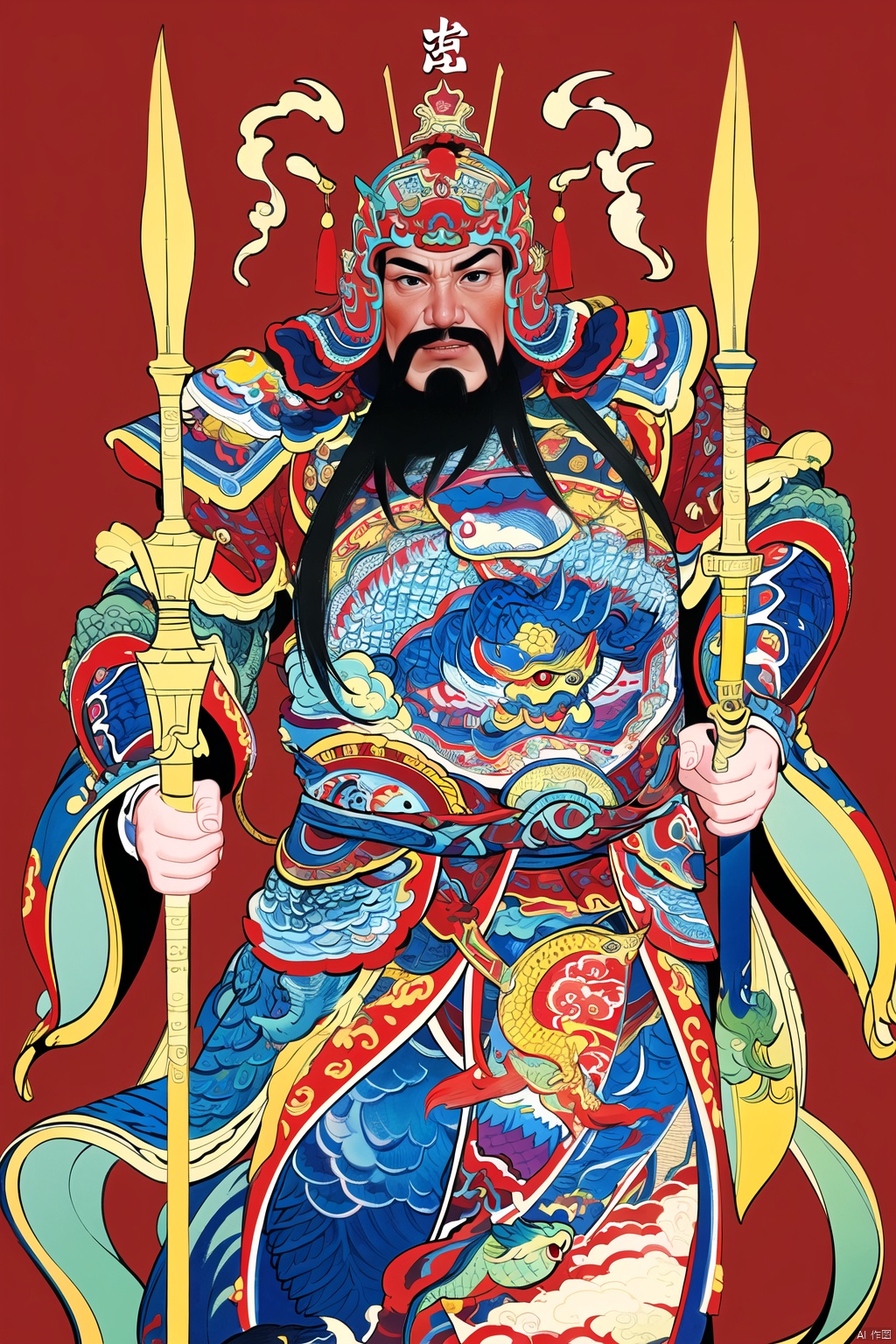 Chinese New Year paintings, menshen, Dragon Teng Armor, red background,  polearm,  china_helmet, Dragon Robe, holding weapon,  looking at viewer, , ,  (high quality),  best quality,  (4k),  8k,  super detailed,  (full detail),  (masterpiece),  (realistic),  super detailed, (Exquisite details) , Ancient Chinese military generals.,<lora:EMS-254086-EMS:0.600000>,<lora:EMS-5728-EMS:0.500000>