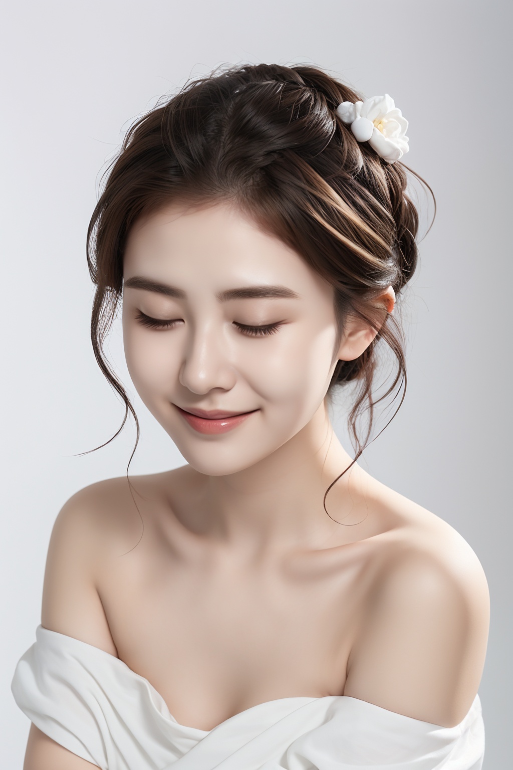 1girl, solo, incline to one side, Disk hair, Braid hair, brown hair, hair ornament,smile, closed eyes,White skirt, Portrait, bare shoulders, realistic,white background,  <lora:yiling_护肤美妆摄影:0.65>