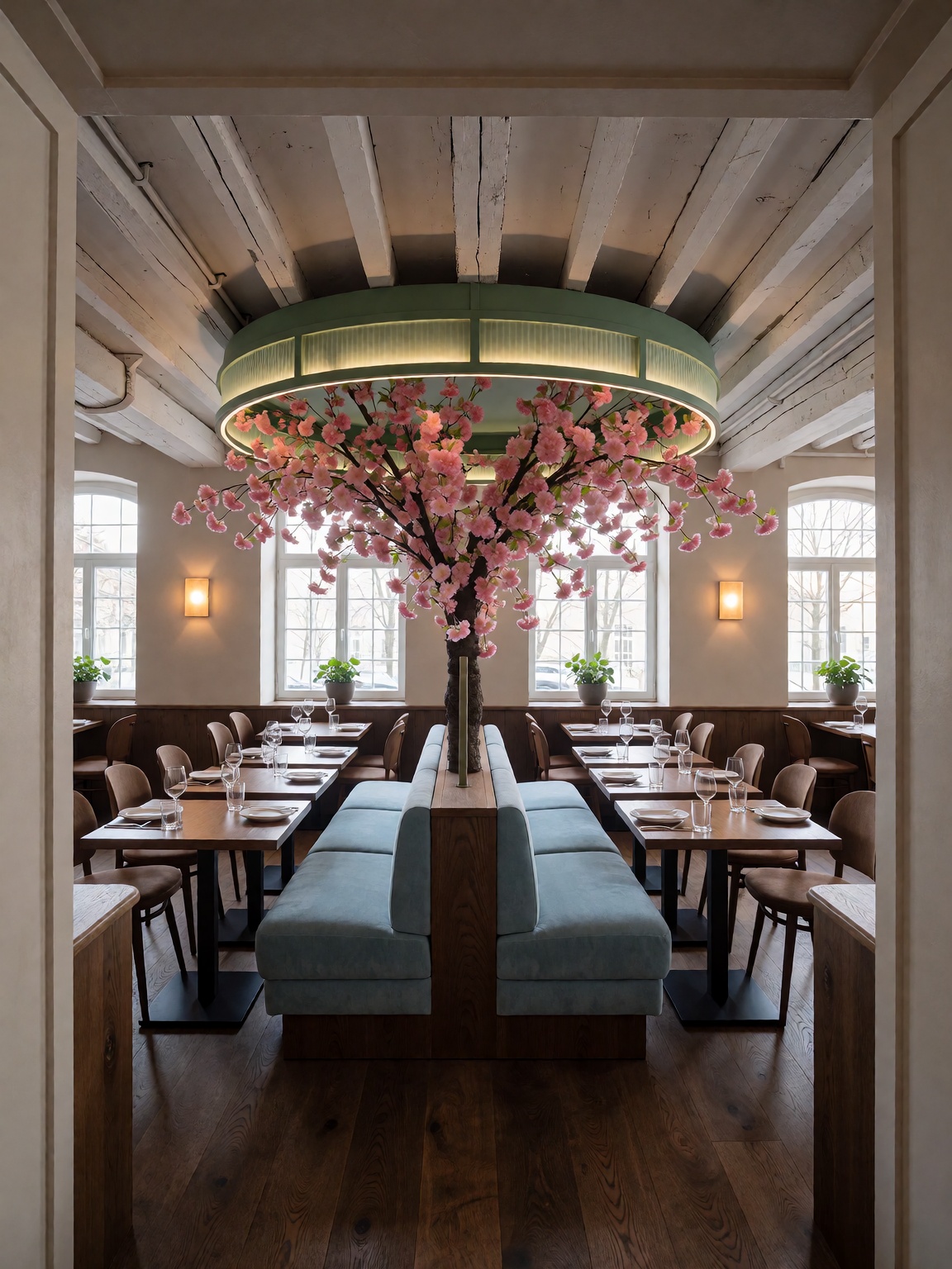 modern restaurant interior framed by a doorway,  central light blue banquette,  wooden dining tables on Tensor.Art