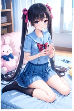 (masterpiece),(best quality),illustration,ultra detailed,hdr,Depth of field,(colorful),1girl,solo,skirt,long hair,socks,holding,twintails,phone,school uniform,sitting,black hair,bow,black socks,pleated skirt,stuffed toy,cellphone,sailor collar,short sleeves,holding phone,blue skirt,stuffed animal,looking at viewer,serafuku,wariza,shirt,smartphone,very long hair,bowtie,blue shirt,hair bow,blue sailor collar,ribbon,collarbone,parted lips,hair ribbon,indoors,pillow,stuffed rabbit,bed sheet,sailor shirt,page number,