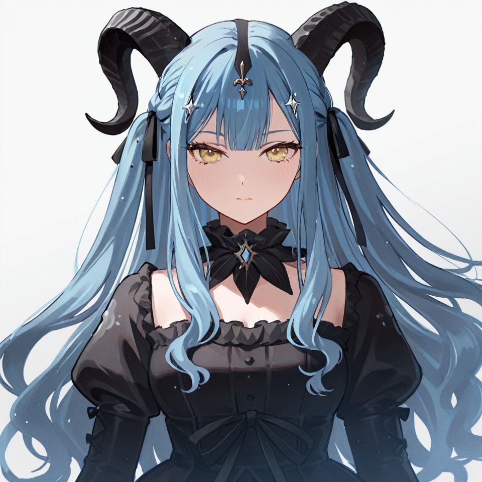 masterpiece, best quality,solo,(white background:1.2),simple background,1girl,looking at viewer,       togawa sakiko,bangs,ribbon,hair ribbon,black ribbon,two side up,blue hair,grey hair,sidelocks,blunt bangs,yellow eyes,long hair,wavy hair,shirt, gloves,dress,pantyhose,boots,black gloves,black footwear,high heels,black pantyhose,thighhighs, dress,tail, horns, black dress,hair ornament,<lora:舟祥ill01e:0.8>