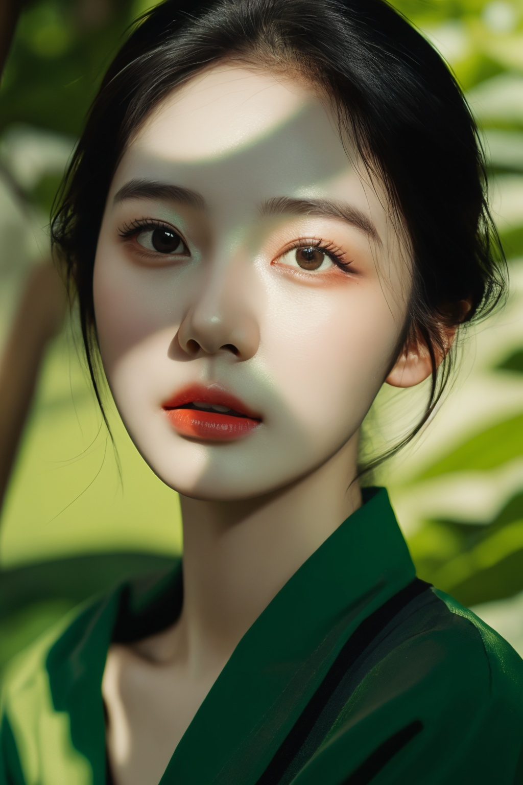 shadow,girl photography,old masters,best quality,masterpiece,green background,