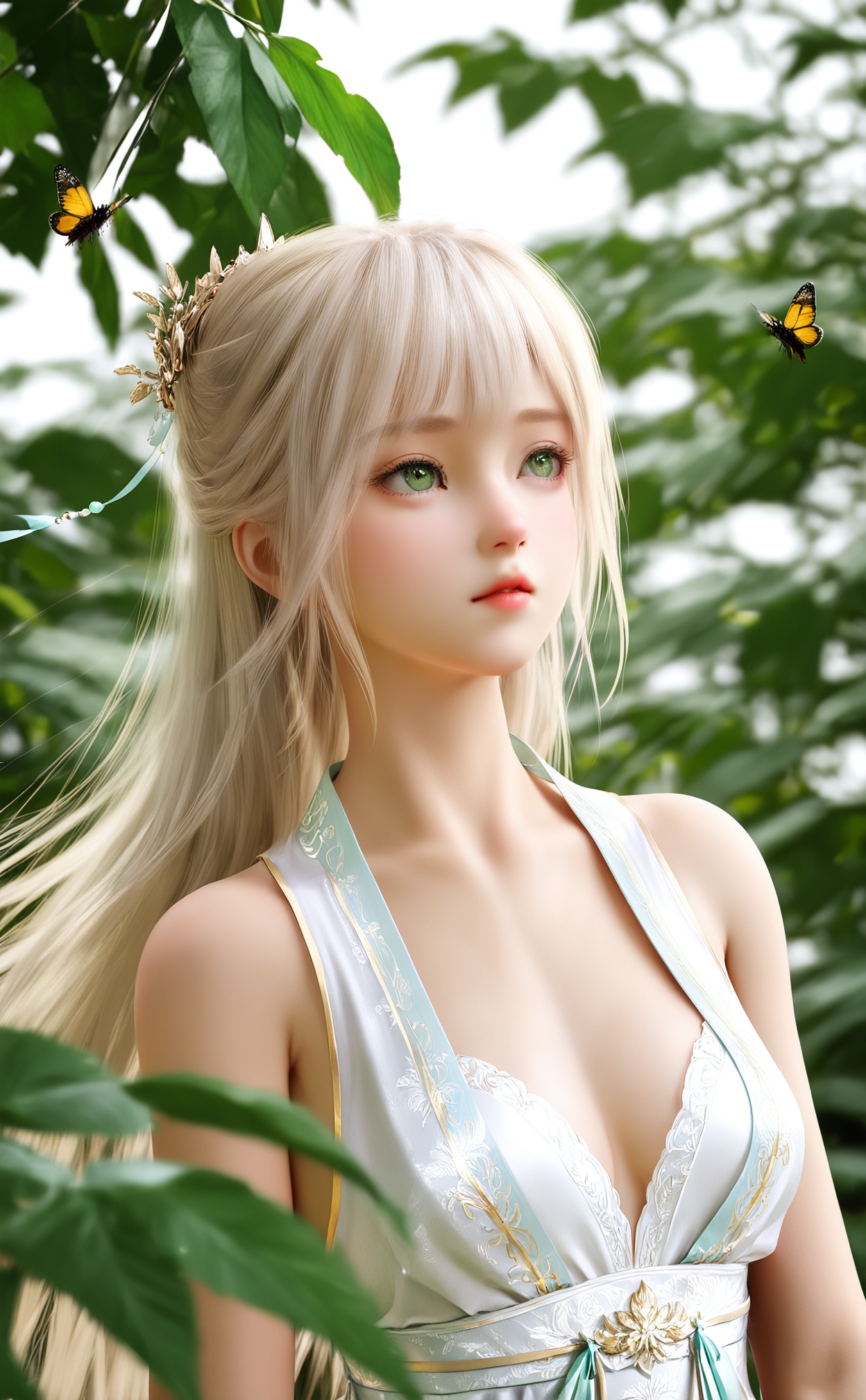 masterpiece,highres,newest,best quality,high quality,chromatic_aberration,//,3D,3d cg,1girl,solo,small_breasts,hanfu,long hair,green eyes,blonde hair,hair ornament,bare shoulders,hanfu,breasts,dress,chinese clothes,white hair,upper body,leaf,bug,cleavage,white dress,//,year_2023,year_2024,//,
