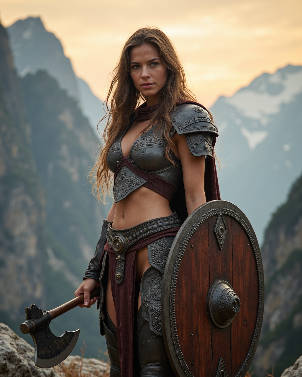 A beautiful Barbarian queen standing tall in a majestic mountainous landscape. She has long,  flowing hair. Her eyes are f...