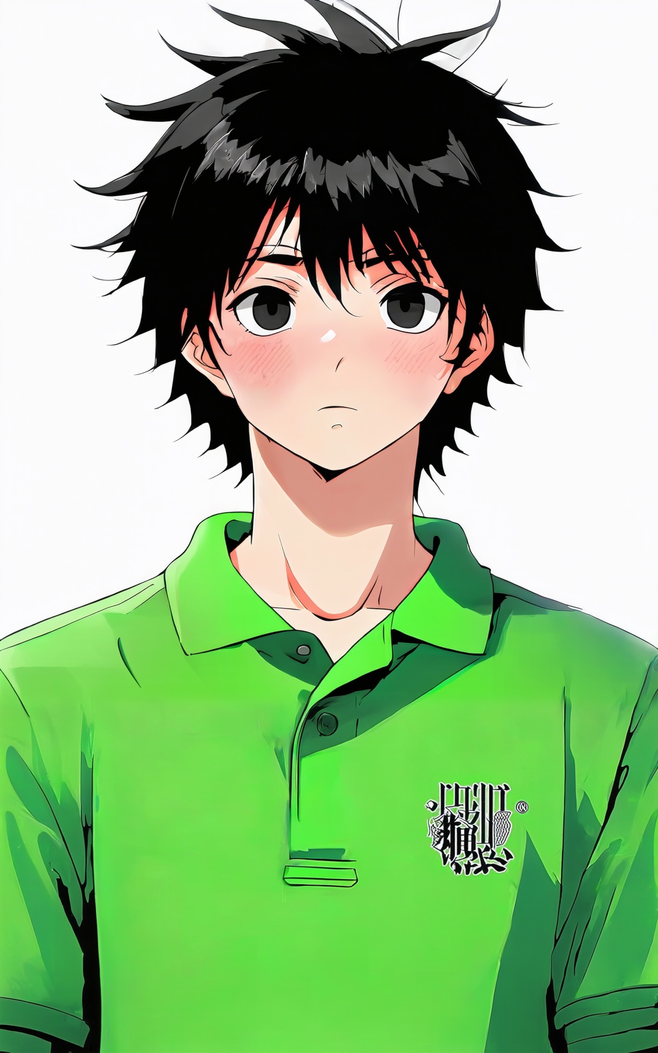 anime style,  an anime boy with black hair and a green polo shirt on Tensor.Art