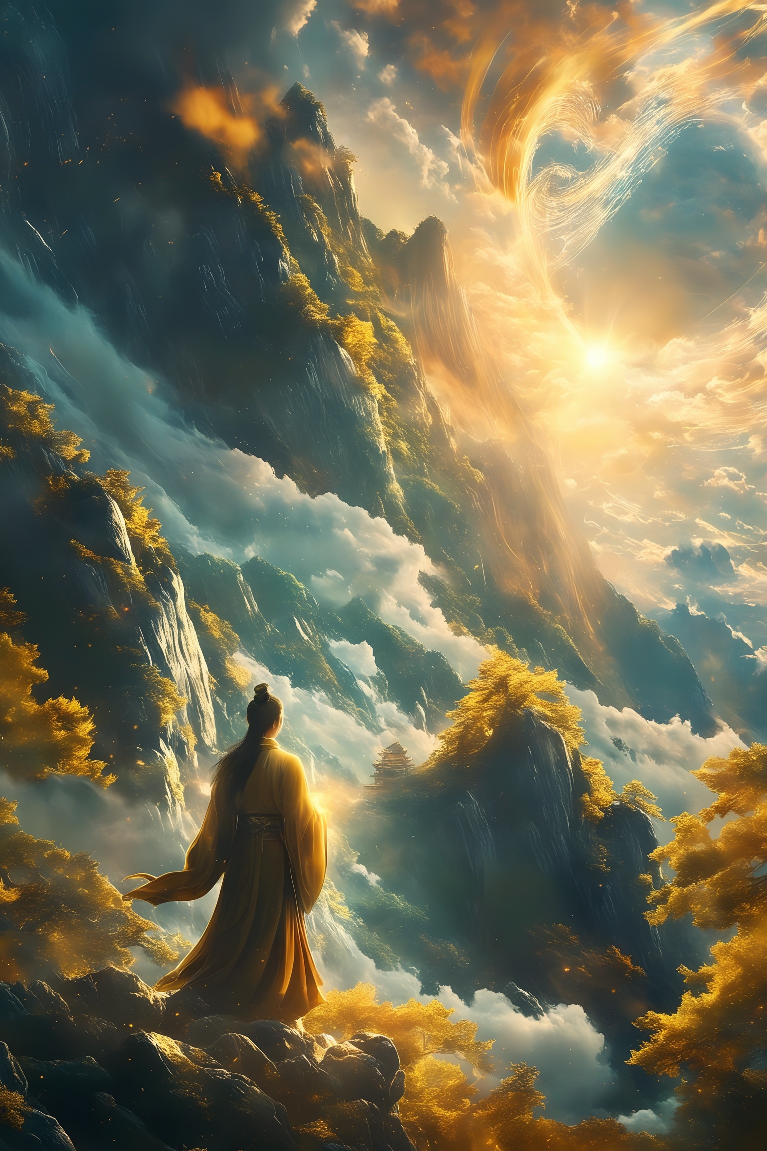 renjie,The image depicts a serene and mystical landscape. A figure, dressed in flowing robes, stands on a rocky outcrop, gazing towards a radiant, swirling vortex of light that ascends into the sky. The scene is set against a backdrop of towering mountains and dense clouds, with the sun casting a warm, golden glow over the entire vista. The atmosphere is filled with a sense of wonder and tranquility, as if the figure is witnessing a magical or spiritual event. The surrounding environment is lush with greenery, and small glowing particles add to the ethereal quality of the scene.