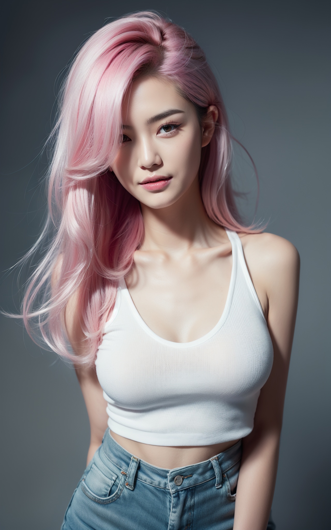Peiyao Jiang,1girl,solo,(pink hair),gloves,long hair,shorts,blue eyes,fingerless gloves,hair over one eye,(red gloves),cleavage,smile,denim,**** top,looking at viewer,denim shorts,short shorts,blue shorts,shirt,leaning forward,collarbone,sexy,cute,Beautiful Finger,Beautiful long legs,Beautiful body,Beautiful Nose,Beautiful character design,perfect eyes,perfect face,Charming and wanton eyes,bodybuilding,pink eyebrows,(white ****_top),****_top,looking at viewer,official art,extremely detailed CG unity 8k wallpaper,perfect lighting,Colorful,Bright_Front_face_Lighting,(masterpiece:1),(best_quality:1),ultra high res,4K,ultra-detailed,,