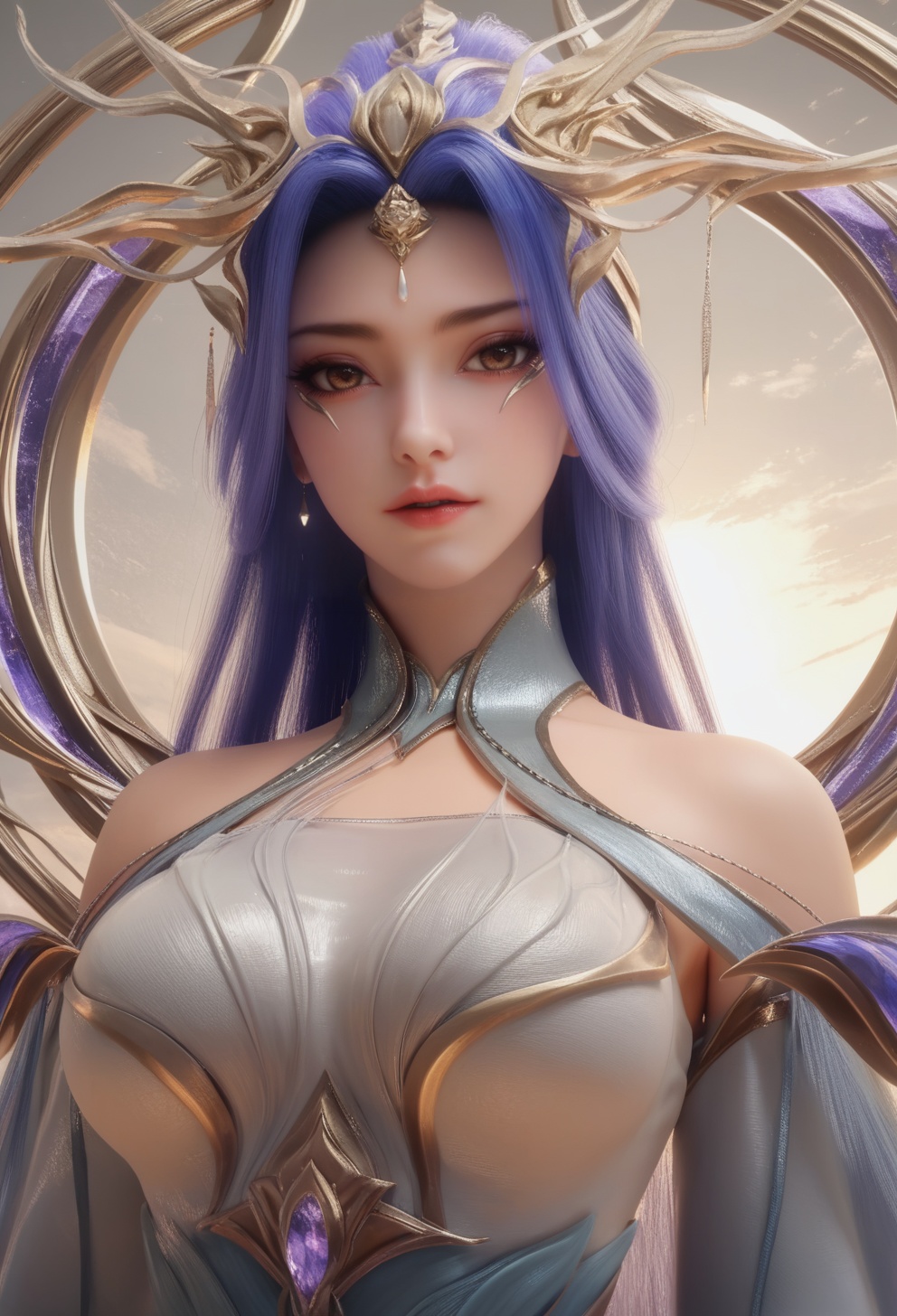 supermodel,score_8_up,score_7_up,hyperdetailed,hyperrealistic,volumetric lighting,focus on face,textured skin,eye lighting,SkinHairDetail,zPDXL,very attractive,Expressiveh,realistic skin,score_9,score_8_up,score_9,score_8_up,1 girls,high cold face,yujie,perfect round large,breasts,jewelry,beautiful eyes,detailed eyes,breast,<lora:单图测试:0.8>,long hair,hair ornament,dress,white dress,purple hair,bare shoulders,brown eyes,parted lips,nvdi,