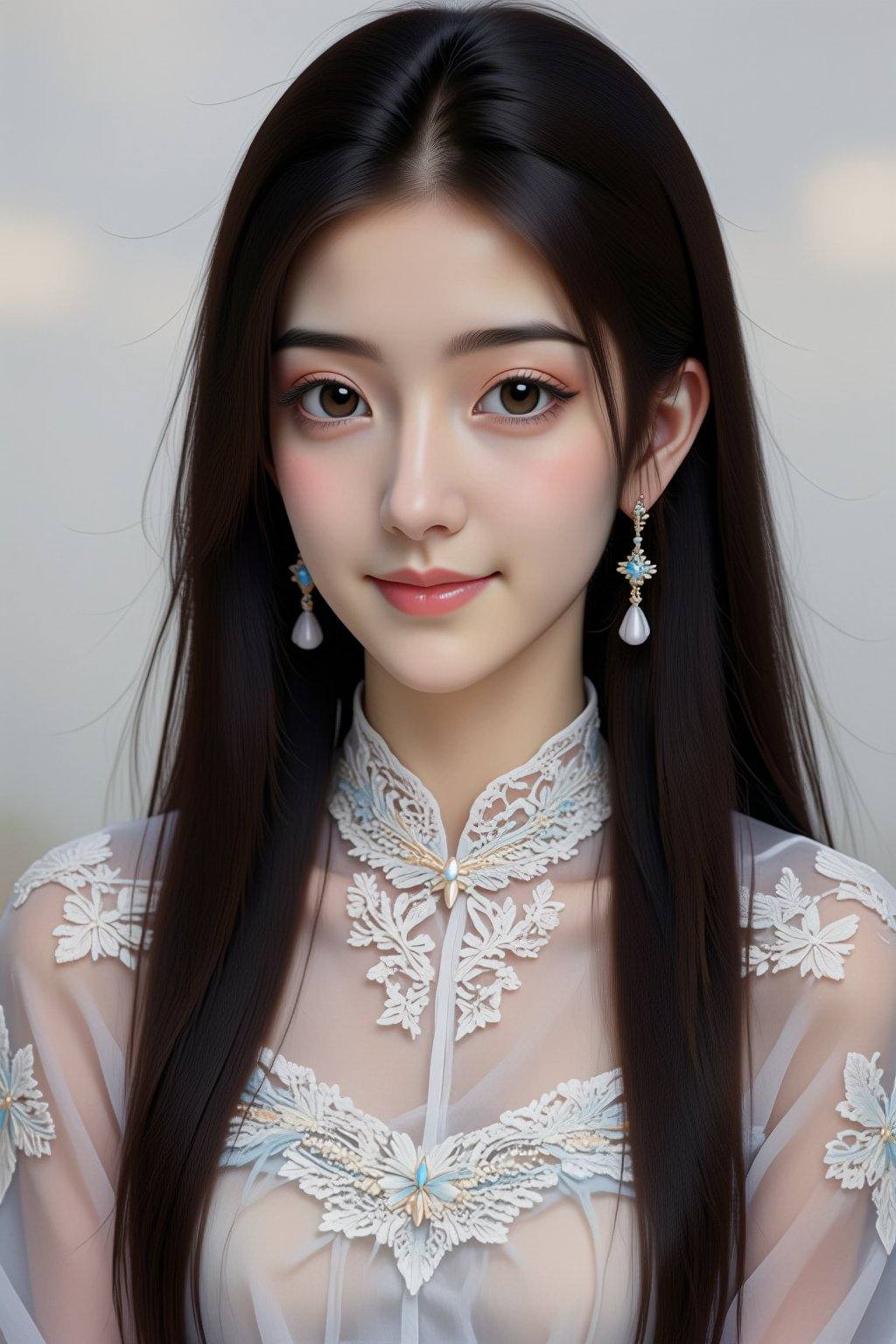 Create an image of a young woman with long,  flowing black hair,  softly illuminated by natural light. She has a gentle on...