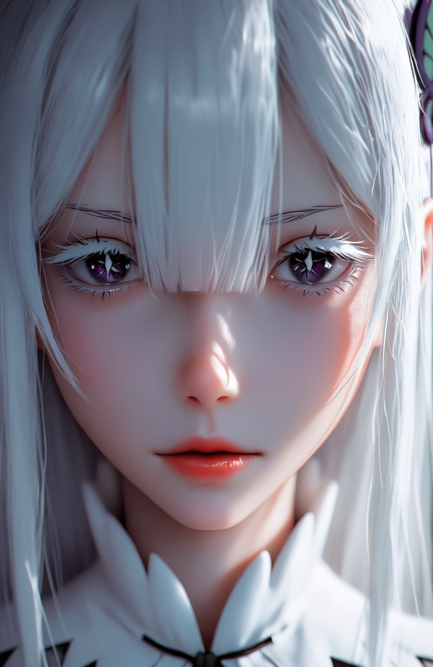 masterpiece,best quality,amazing quality,very aesthetic,absurdres,newest,(dino_(dinoartforame):0.5),(yoneyama mai:0.5),(Yomu:0.3),(quasarcake:0.4),(wlop:0.3),1girl,echidna_(re_zero),re_zero,looking at viewer,face close-up,