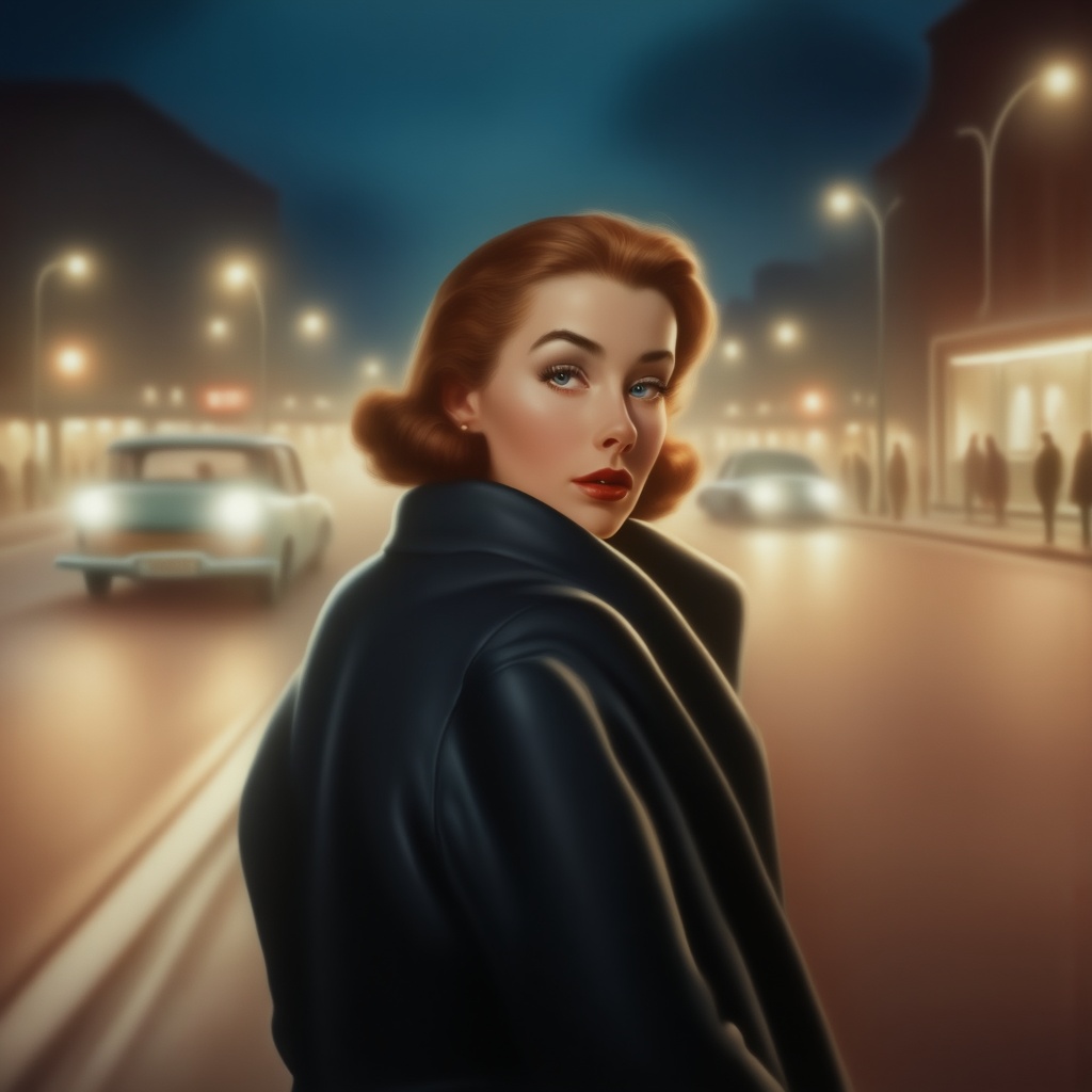The image shows a woman in a black jacket standing in the middle of a city at night,  illuminated by the soft glow of the...