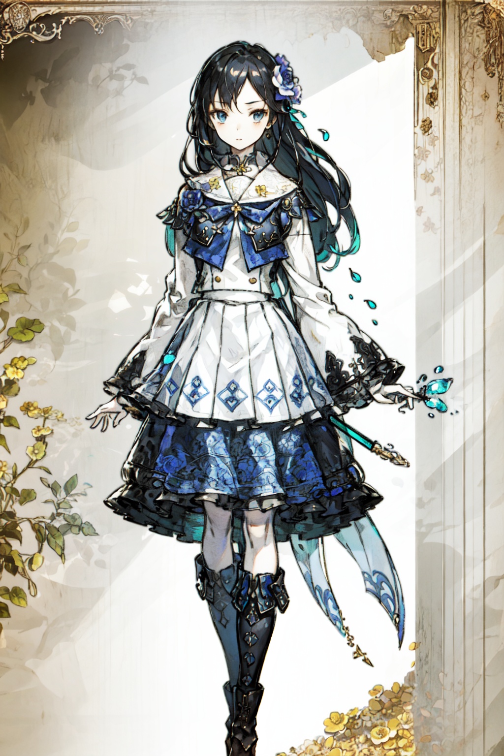 1girl, ,white background, skirt,looking at viewer, boots, simple background, full body, standing,Long hair,flower, mysterious pattern