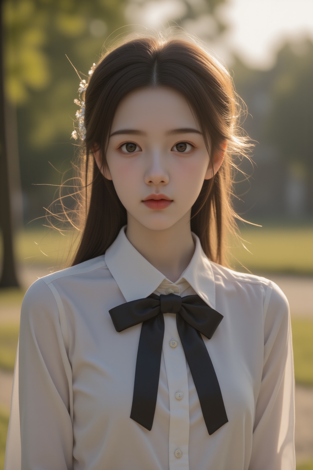 Cinematic HDR still of a beautiful teenage girl wearing elegant collared shirt with bow in outdoors, She never wears any clothes that would expose her chest