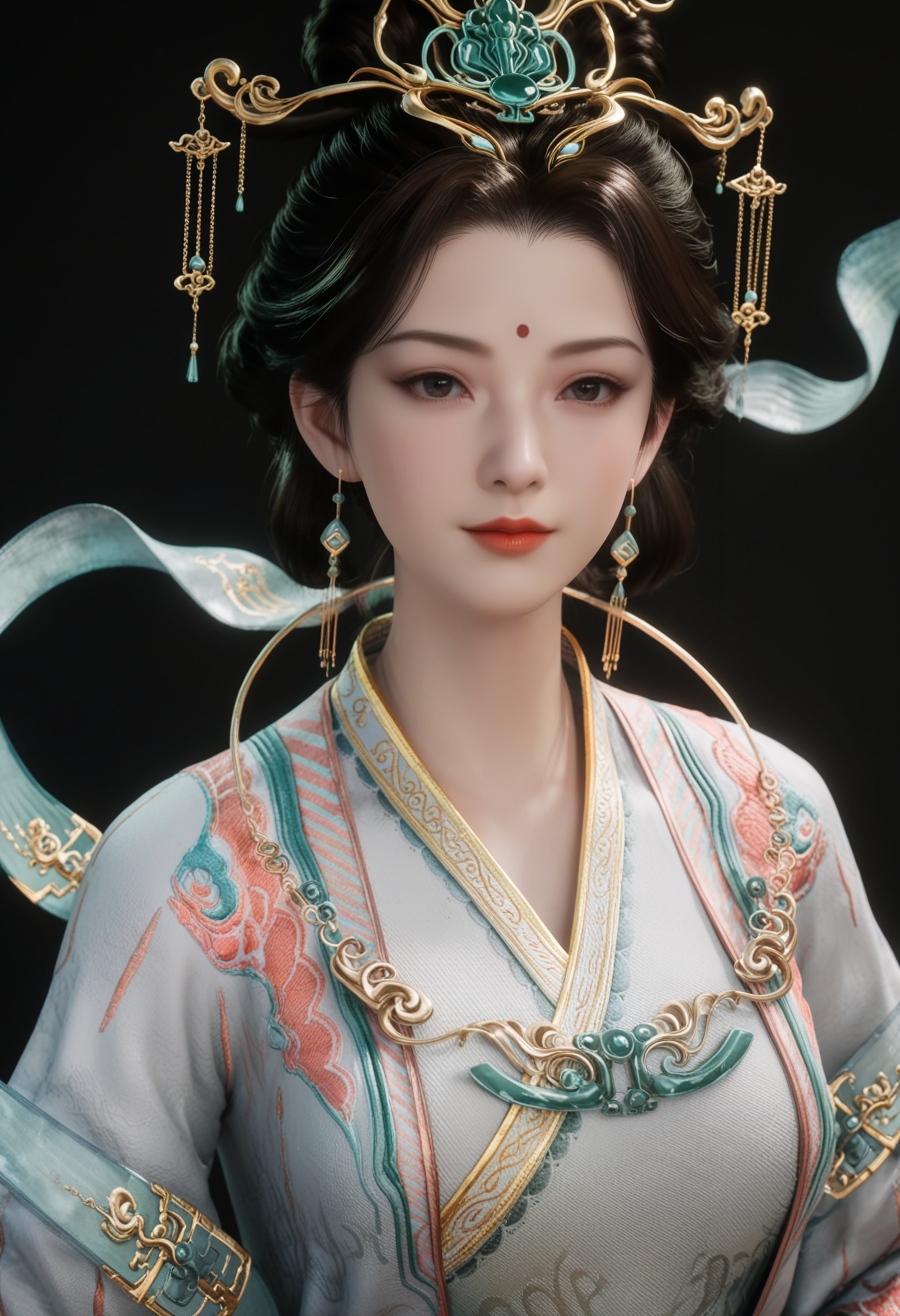 (upper_body:1.2),score_9,score_8_up,masterpiece,(best quality),intricate details,facing viewer,(looking at viewer:1.1),<lora:YQ_pony_xiwangmu_budaibeishi_V5:0.8>,q1528437228,1girl,solo,jewelry,earrings,hair ornament,black hair,chinese clothes,forehead mark,red lips,long sleeves,makeup,dress,hanfu,hair bun,updo,brown hair,black eyes,wide sleeves,brown eyes,hair stick,shawl,necklace,hair rings,forehead jewel,single hair bun,hagoromo,BREAKscore_9,score_8_up,masterpiece,(best quality),perfect anatomy,(hourglass),perfect face,(simple background,pure black background,black background:1.1),fair_skin,shiny_skin,Ivory_skin,