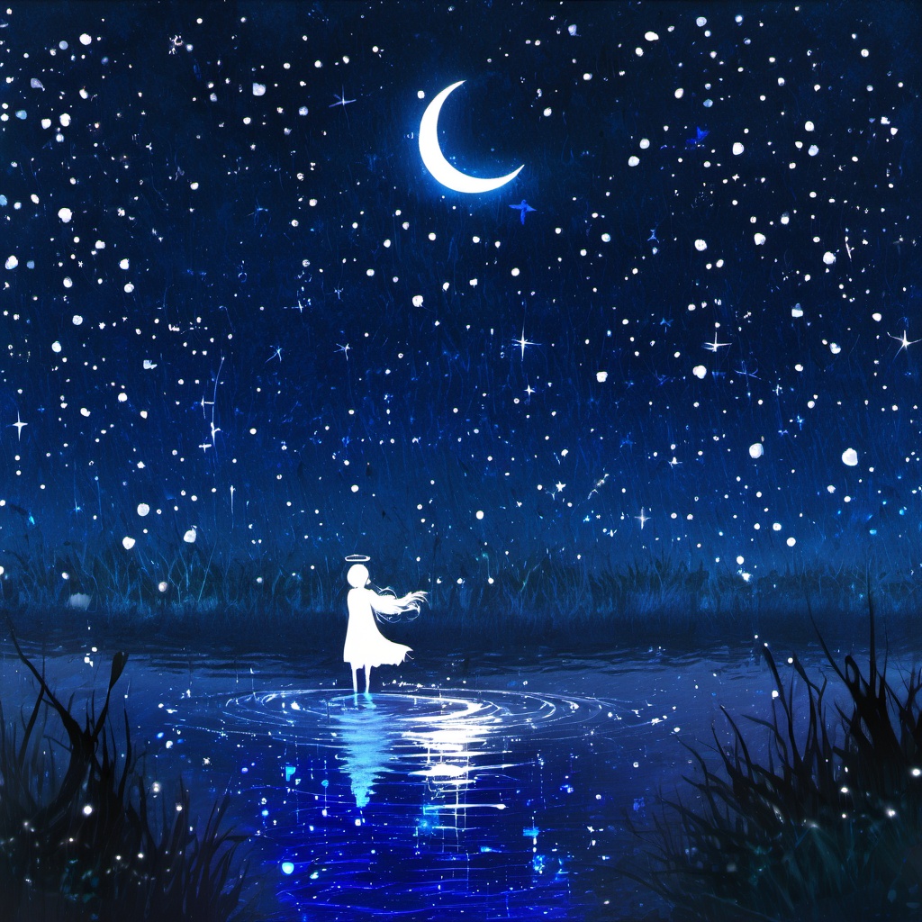 <lora:star_xl_v3:1>,silhouette painting, ethereal ambiance, blue theme, 1girl, solo, outdoors, sky, water, no humans, night, moon, grass, star \(sky\), night sky, scenery, starry sky, horizon, silhouette, crescent moon, shooting star, a white silhouette of a girl, a serene nighttime landscape, the sky is filled with stars and there are shooting stars streaking across it, a glowing crescent moon reflecting its light on the water below. the water's surface is dotted with small lights, there's a white silhouette of a girl standing near the water's edge on the right side, the entire scene is painted in a deep blue hue, a dreamy and tranquil ambiance., stars, shooting stars, lights, person, painted in a deep blue hue