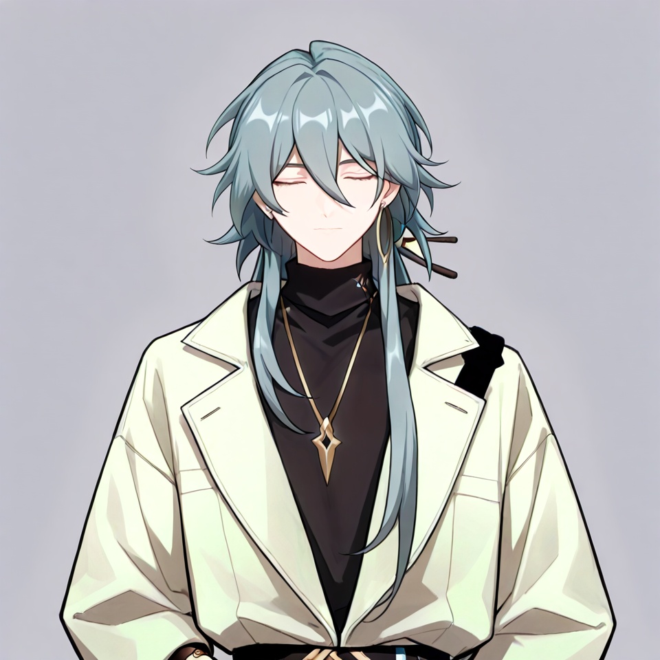 masterpiece, best quality,(grey background:1.2),looking at viewer,SOLO,simple background  su_honkai_3rd,long hair,1boy,male focus,jewelry,closed mouth,closed eyes,grey hair,necklace,bracelet,sweater,turtleneck,multicolored hair,hair between eyes,coat,jacket,earrings,streaked hair,belt,hair stick,hair ornament,pants,black shirt,manga_style<lora:su-manga-ill:0.8>