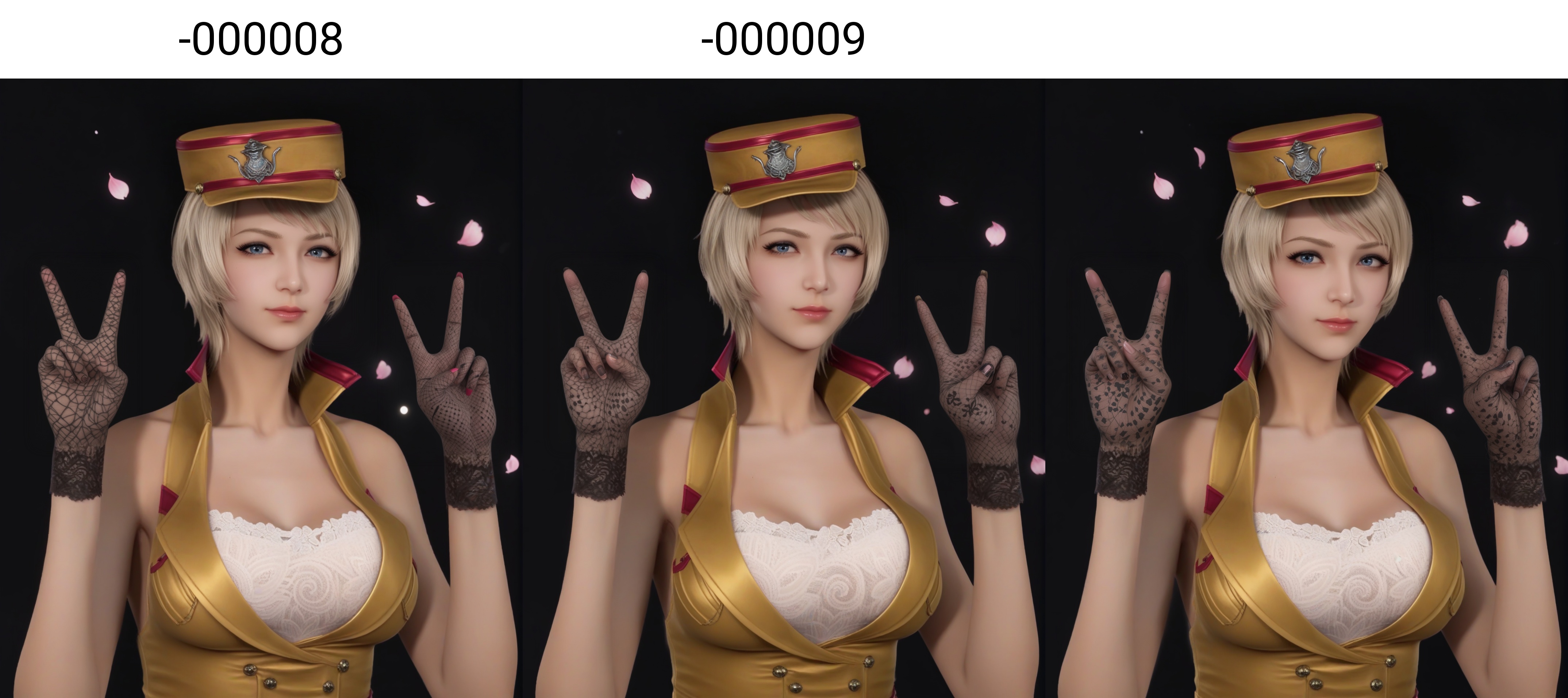 (score_9),mature female,<lora:潜-灵狐-pony-000008:0.85>,1girl,solo,blonde hair,short hair,blue eyes,halter dress,white bra,lace bra,high collar,bare shoulders,military hat,black gloves,lace gloves,collarbone,(double_v:1.1),looking at viewer,BREAK<lora:e肤色滑块:0.8>,(white_skin),(sweaty skin),(Ivory_skin),light_skin,very sweaty,(pale_skin),(fair_skin),twig,branch,falling petals,simple background,black background,rim light,Volumetric Lighting,lens flare,Tyndall effect,depth of field,bokeh,sparkle,