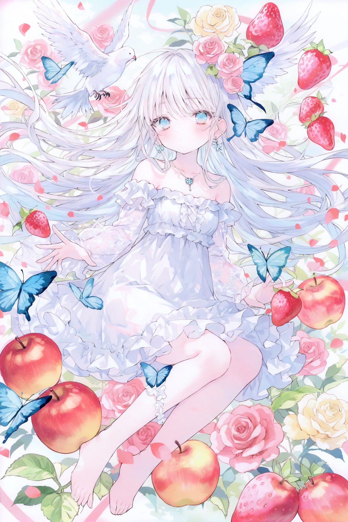 loli,1girl,fruit,butterfly,hair ornament,flower,dress,bug,long hair,food,solo,hair flower,bird,white dress,jewelry,white hair,looking at viewer,earrings,blue butterfly,frills,wings,blue eyes,frilled dress,bare shoulders,detached sleeves,dove,rose,pink flower,floating hair,strawberry,floating,apple,very long hair,long sleeves,see-through sleeves,see-through,leaf,off-shoulder dress,butterfly wings,closed mouth,off shoulder,floating object,blush,strapless,insect wings,strapless dress,petals,dot mouth,pink rose,white bird,animal,(masterpiece, best quality, highres, absurdres, best quality, amazing quality, very aesthetic, absurdres),