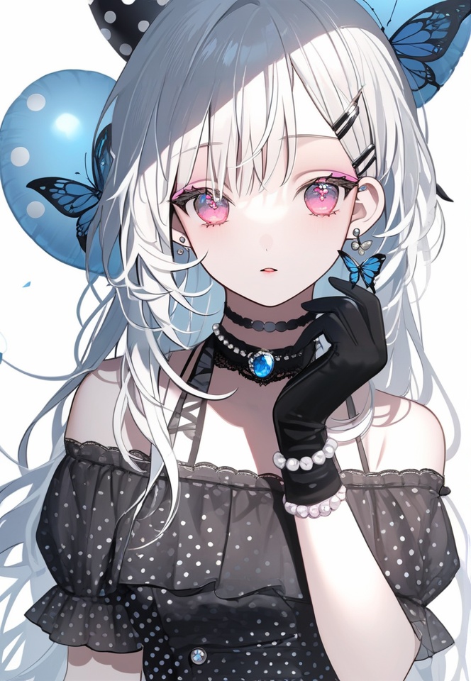 (best quality), ((masterpiece)), (highres), illustration, original, extremely detailed, <lora:淡彩の华美病娇:0.7>1girl, solo, jewelry, gloves, butterfly, bug, black gloves, looking at viewer, earrings, bracelet, long hair, white background, balloon, polka dot, choker, upper body, hair ornament, parted lips, ring, white hair, beads, simple background, dress, bead bracelet, hairclip, pink eyes, bangs