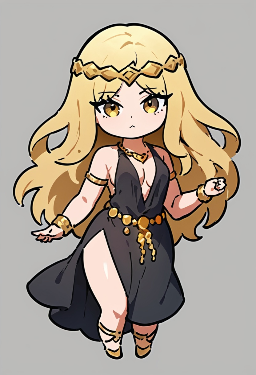 1girl,chibi,black dress with gold details,deep v-neckline,gold crown,gold necklace.gold armlets,gold bracelets,gold chain belt,gold chain accessories on legs,golden eyes,braided blonde hair,cowboyshot,masterpiece, best quality,newest, absurdres, safe <lora:Elden Ring-Marika_v1.0:1>