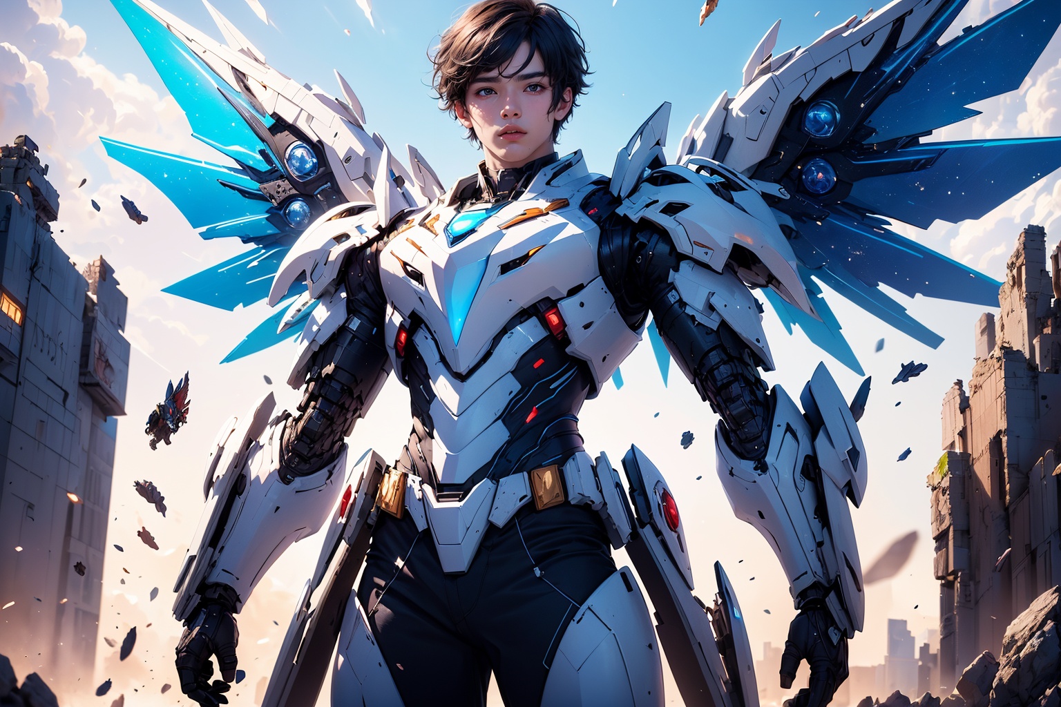 1boy,concept artwork,black hair,(a lonely solo boy:1.4),sky,wing,wings with fans,graphics card fan,strong male mecha warrior,mighty and domineering,cool mecha,32k,blue and white color scheme,white armor,white_background,standing,cowboy_shot,<lora:ASuo_v1:1>,