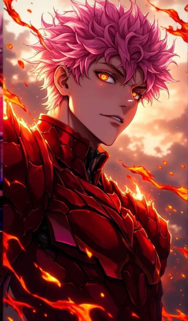 messy pink hair,orange eyes,slim,tall,short hair, red Battle Armor,fire,1 male,