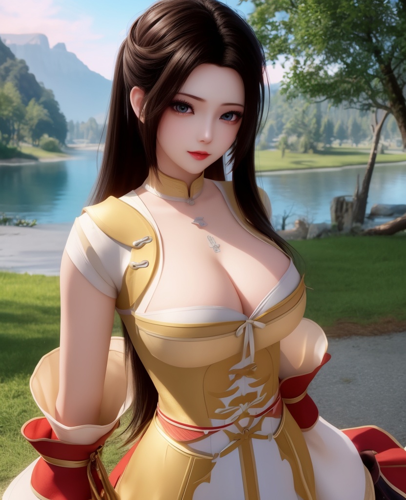 <lora:614-DA-炼气十万年-朴灵儿:0.8>(,1girl, ,best quality, ),looking at viewer,  ,ultra detailed 8k cg, ultra detailed background,  ,masterpiece, (( , )) , lake,upper body,   (cleavage), (),