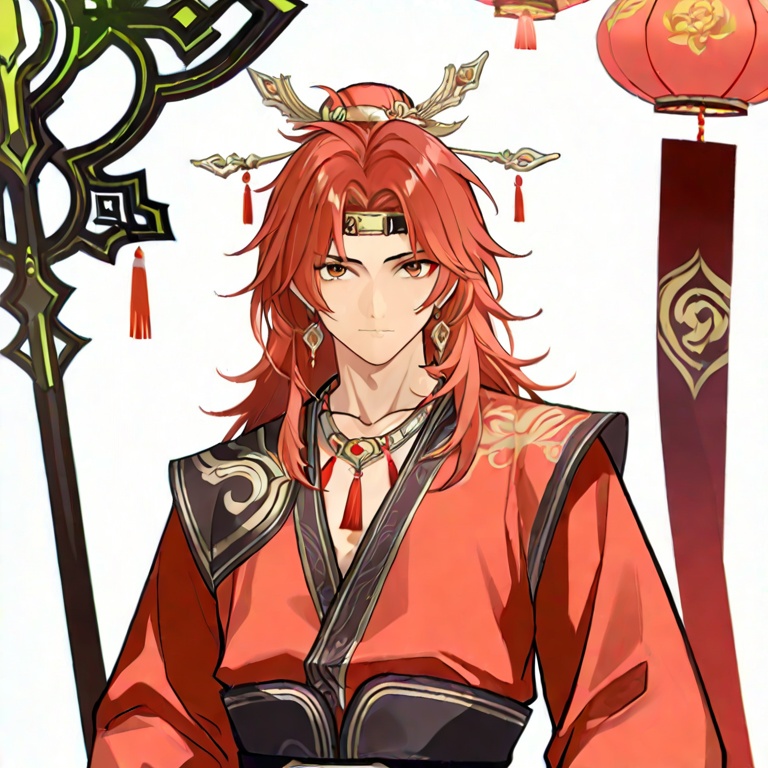 masterpiece, best quality,solo,(white background:1.2),simple background,looking at viewer,   lianshan,jewelry,1boy,male focus,red hair,long hair,necklace,armor,messy hair,chinese clothes,circlet,hair ornament,bangs,boots,weapon,headband,earrings,pants,red shirt,<lora:连山-ill:0.8>