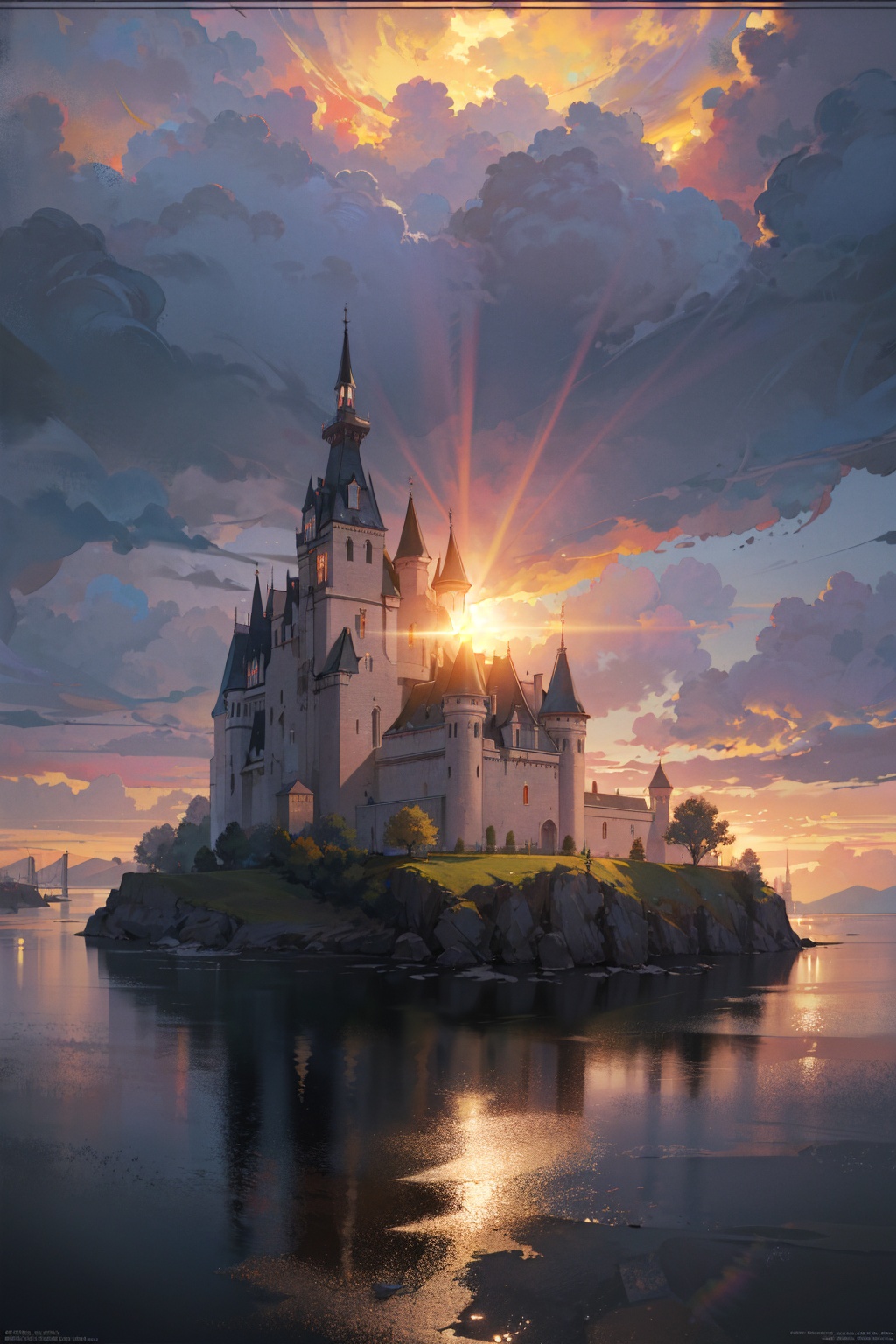 masterpiece,best quality,HD Resolution,(ray tracing,cinematic lighting),photography,Castle,Architecture,sea,sunburst,lighting,Clarity,Realism,Landscape Wallpaper,