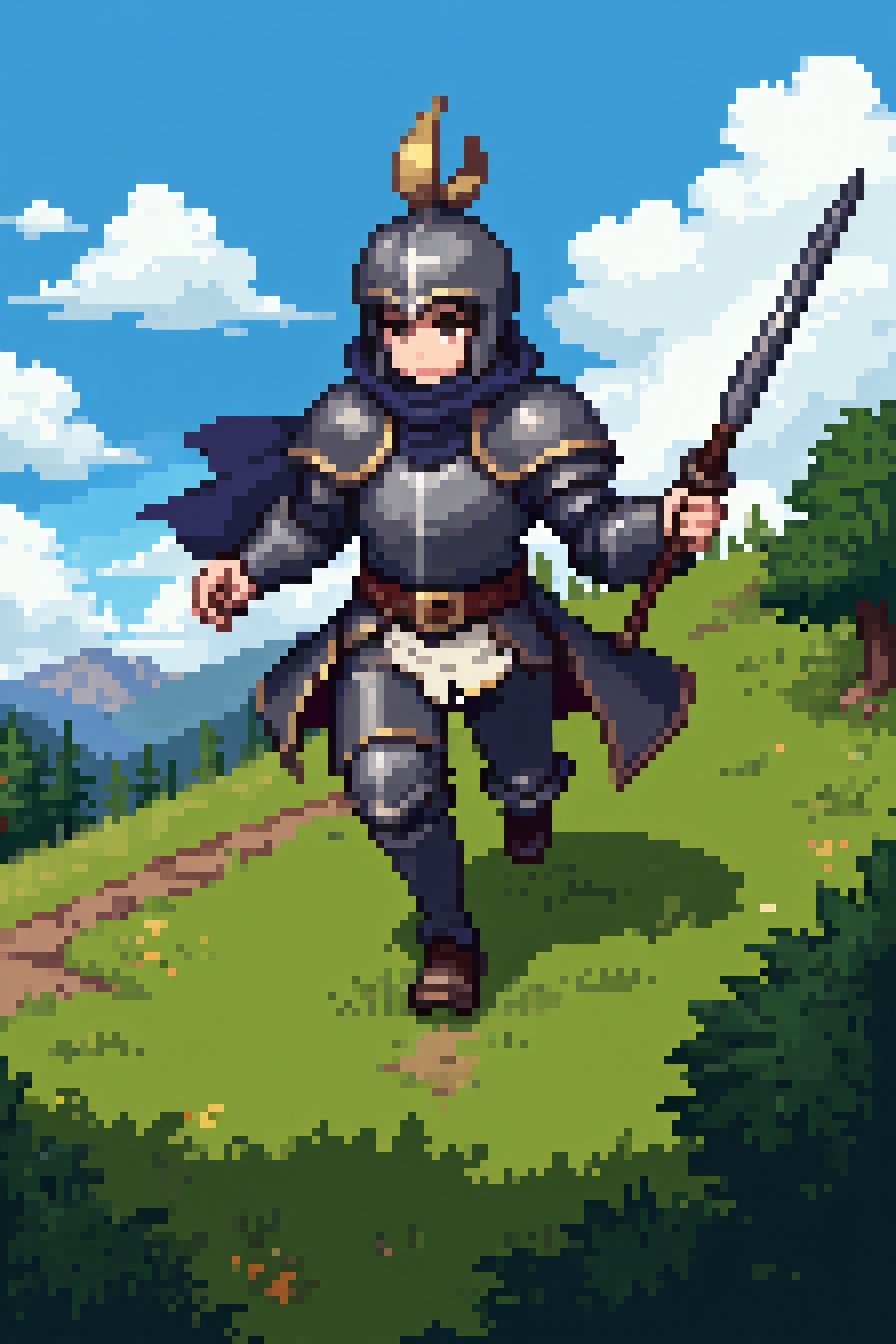 style of aziib_pixel,  a gallant knight running on grassland while holding sword on Tensor.Art