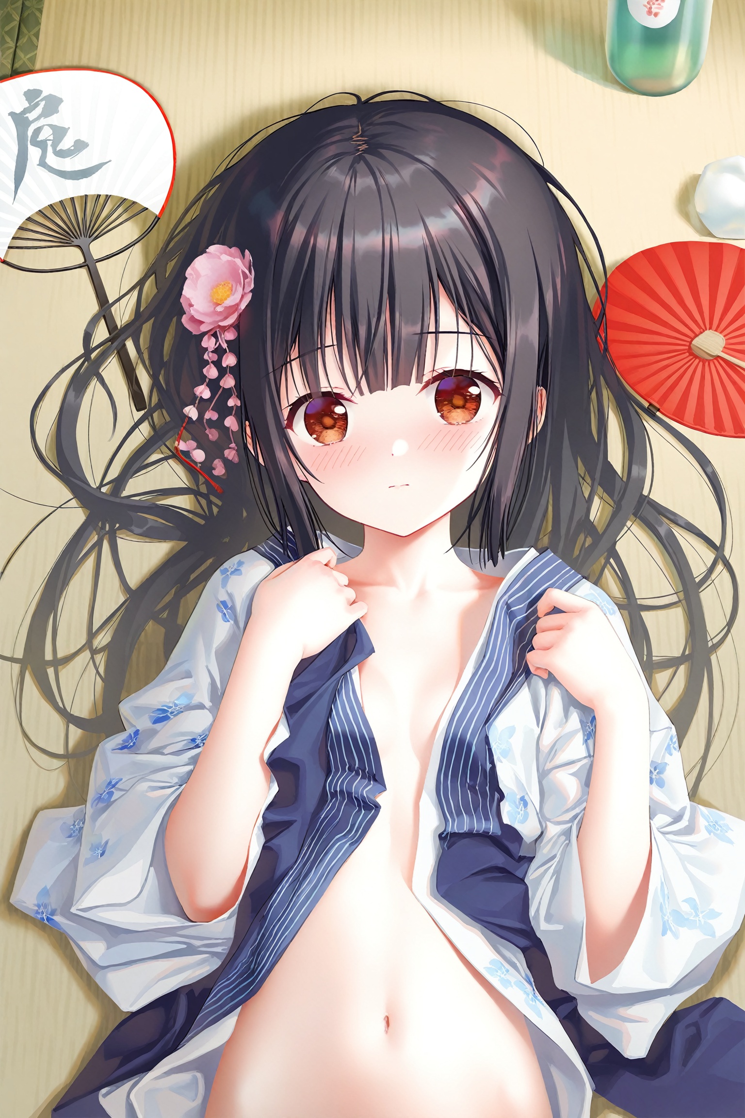 masterpiece,best quality,high quality,loli,(artist:ningen_mame:0.9),(artist:sho_(sho_lwlw):0.9),(artist:rhasta:0.9),(artist:wlop:0.7),(artist:ke-ta:0.6),(fkey:0.5),(tianliang duohe fangdongye:0.5),(hiten \(hitenkei\):0.6),loli,Artist sousouman,1girl,kimono,solo,open clothes,japanese clothes,pinching sleeves,lying,hand fan,brown eyes,on back,black hair,navel,hair ornament,paper fan,looking at viewer,long sleeves,hair flower,flower,sleeves past wrists,tatami,breasts,closed mouth,small breasts,collarbone,print kimono,blush,uchiwa,floral print,open kimono,wide sleeves,pink flower,signature,bottle,upper body,white kimono,hands up,