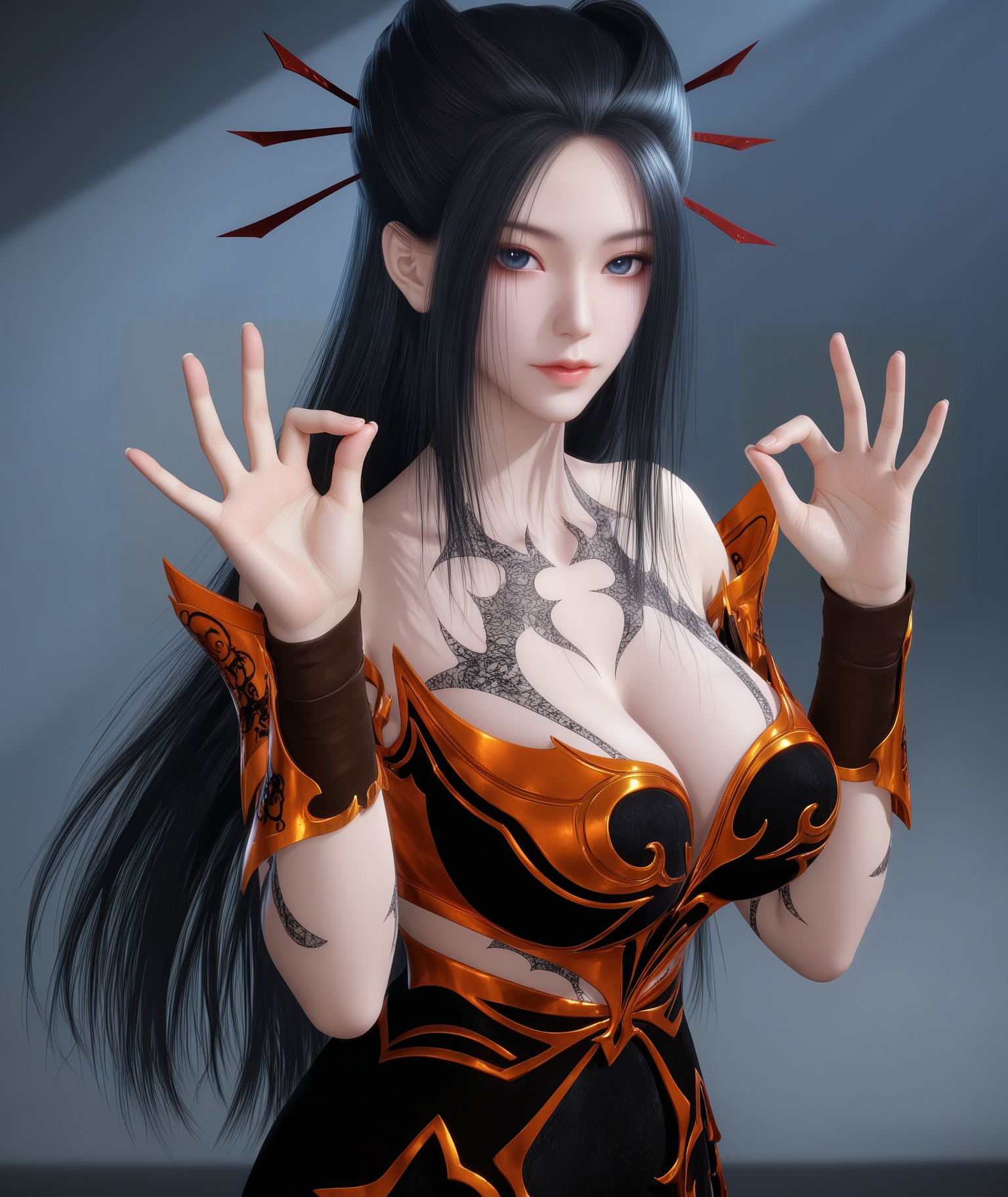 (score_9),masterpiece,best quality,absurdres,highres,BREAK<lora:焰灵姬-ill:0.83>,yanlingji,1girl,solo,long hair,black hair,hairpin,blue eyes,tattoo,pauldrons,breastplate,wrist armor,dress,black dress,(white_skin),(Ivory_skin),collarbone,(large breasts),puffy chest,looking at viewer,front view,(ok_sign),upper body,BREAKsimple background,Tyndall effect,Cinematic Lighting,Volumetric Lighting,
