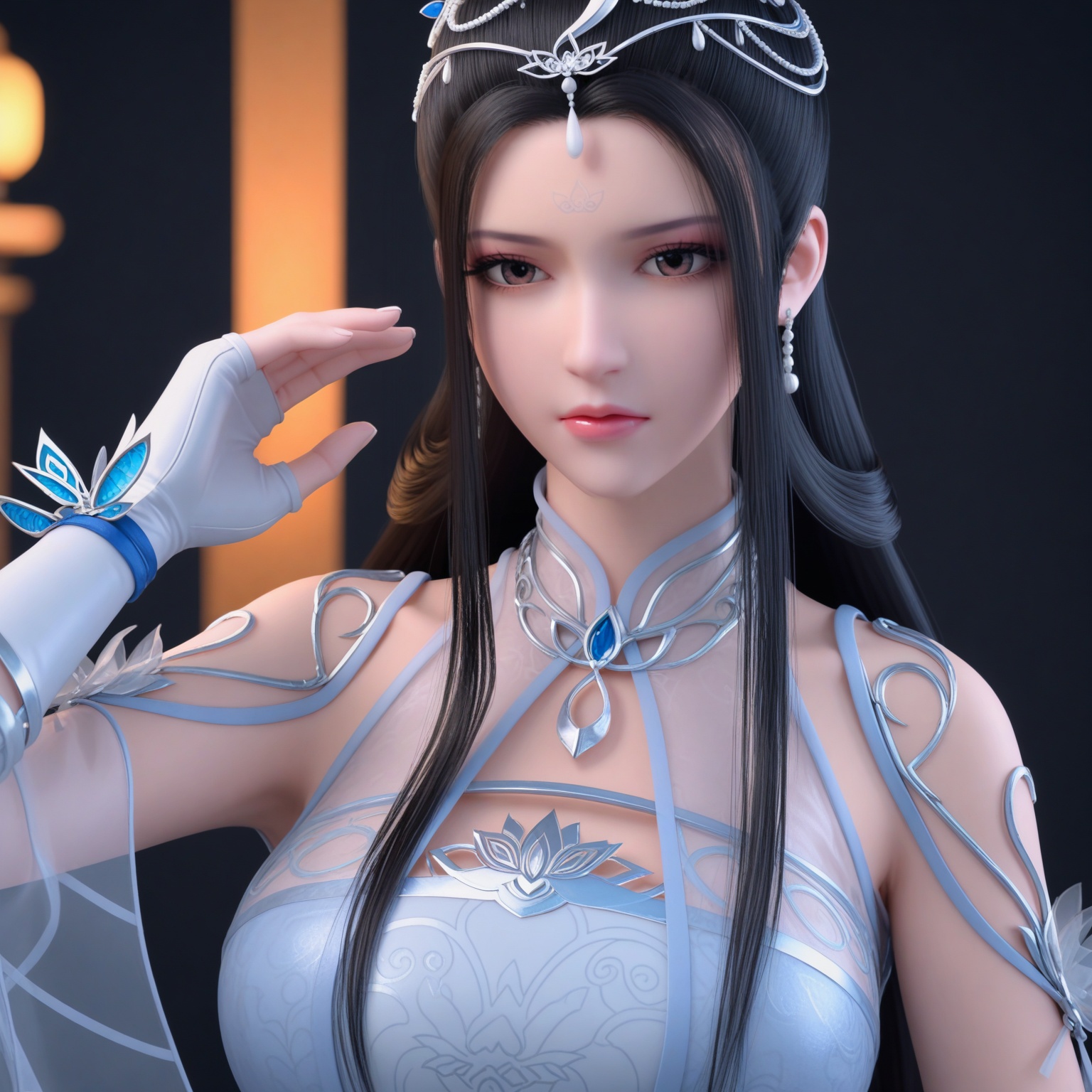 (upper_body:1.1),(huge breasts:0.9),74.<lora:YQponylingqingzhuV4:0.8>,q1528437228,1girl,solo,black_hair,long_hair,hair_ornament,dress,jewelry,earrings,white_dress,hair_bun,forehead_mark,facial_mark,chinese_clothes,single_hair_bun,sash,blue_dress,bare_shoulders,see-through,brown_eyes,brown_hair,flower,gloves,anklet,necklace,tiara,detached_sleeves,gawr_gura,virtual_youtuber,butterfly,tassel,tattoo,white_gloves,armor,,blush,(looking_at_viewer:1.1),BREAKintricate details,shiny_skin,solo focus,(blurry background:1.1),(depth of field:1.1),perfect_anatomy,(cinematic lighting:0.9),(volumetric lighting:0.9),(simple background,pure black background,black background:1.1),