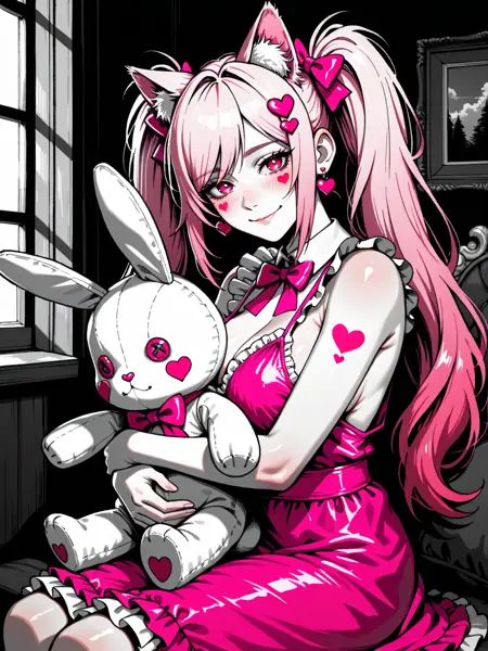 1girl, (godiva ghoul:0.65), (anniechromes:0.5), (greg rutkowski:1.1), lazypos, nyonku, Sinozick illu, gradient, spot color, 4ur4 illu, shiny, (gmi:0.5), (jimmyovob:0.55), (makoto shinkai:1.1), solo, cat ears, stuffed toy, stuffed animal, dress, pink hair, looking at viewer, bow, twintails, heart, long hair, pink dress, stuffed rabbit, hair bow, heart hair ornament, blush, pink eyes, jewelry, earrings, heart facial mark, heart earrings, frills, smile, closed mouth, sleeveless, hugging object, hair ornament, frilled dress, holding stuffed toy, indoors, pink bow, heart tattoo, holding, window, bare shoulders, sidelocks, sitting, sleeveless dress, bowtie, sideboob, animal ear, facial mark, breasts
