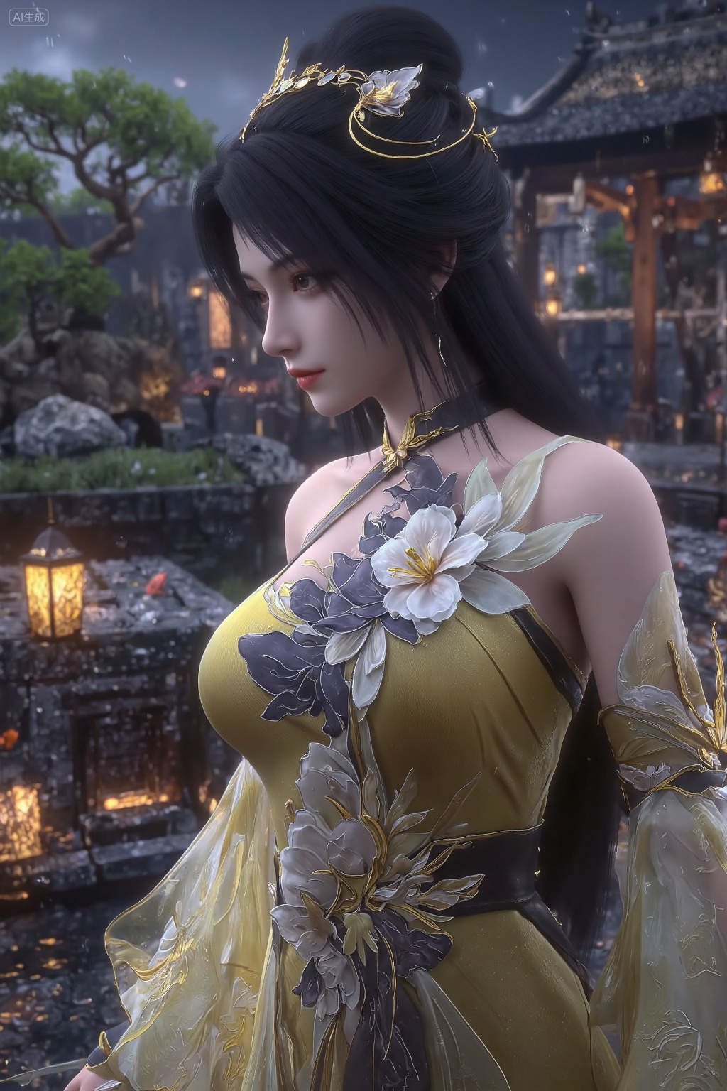 This is a highly detailed CGI rendering of a beautiful,fair-skinned woman with long,dark hair adorned with gold and white accessories. She wears an elaborate,golden-yellow dress with intricate floral patterns and a choker. Her expression is serene,with a slight smile. The background is a blurred,dark blue gradient.,, The scene is a serene ancient Chinese courtyard captured in a **low-angle wide shot**,where raindrops dynamically splash against stone pathways and lotus ponds in the foreground,creating ripples that reflect the soft glow of lanterns. The **middle ground** features traditional wooden pavilions with upturned eaves,their surfaces glistening under the rain,while **wisps of mist** drift between stone pillars and bonsai trees. In the **background**,beams of light pierce through the rain curtain,creating a **Dramine effect** that highlights the rain's texture and depth. The **sky** is a deep,moody gray,contrasting with the warm amber light spilling from paper lanterns,which casts elongated shadows and illuminates cascading rain in the air. The **crimson petals of plum blossoms** mingle with raindrops,adding vibrant splashes of color against the monochrome backdrop.,, masterpiece,best quality,astonishing quality,ultimate aesthetics,absurd,best quality,ultimate aesthetics,masterpiece,emotional masterpiece,extraordinary above all,mastery of details,, Negative prompt: ng_deepnegative_v1_75t,(badhandv4:1.2),EasyNegative,(worst quality:2),,nsfw, Steps: 30, Sampler: DPM++ 2M, CFG scale: 3.5, Seed: 854563992, Size: 1024x1536, Model hash: 062dad72b2, Model: 麦橘超然majicFlus_v1.safetensors, Denoising strength: 0, RNG: CPU, Lora 1: 20250820-1755705975731-0010, Lora Hash 1: cf2836352b, Lora Weight 1: 1.0, Controlnet 0: "preprocessor: dw_openpose_full, model: InstantX-FLUX.1-dev-Controlnet-Union-Pro-2.0, weight: 0.7, starting/ending: (0.0, 0.7), resize mode: Crop and Resize, pixel_perfect: False, control mode: Balanced, preprocessor params: (512, None, None)", vae_name: automatic