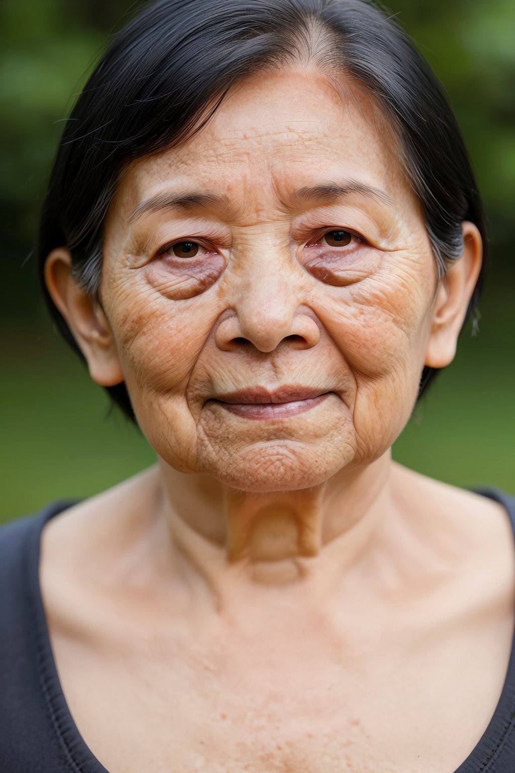 subject_092,  The image shows an elderly woman with short,  dark hair. Her skin has visible wrinkles and fine lines on Ten...