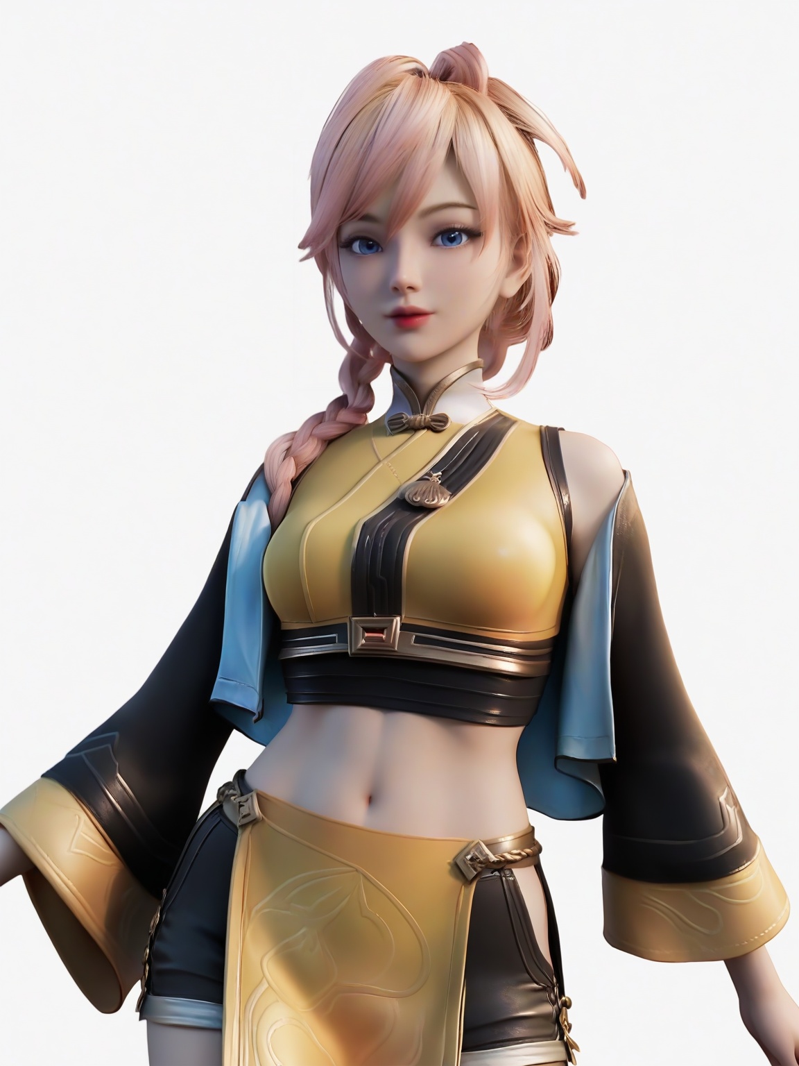score_9,1girl,breasts,medium breasts,lipstick,solo,standing,bangs,braid,midriff,cropped jacket,black shorts,pink hair,wide sleeves,blonde hair,blue eyes,yellow dress,long hair,cowboy_shot,looking at viewer,white background,simple background,<lora:SF_JiXiaoMan_Pony_Realism2.3-000004:0.7>
