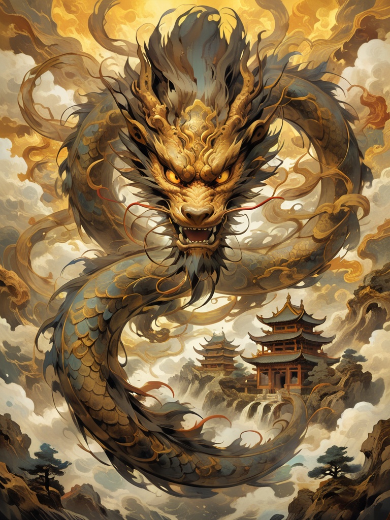 The dragon soars in the sky, surrounded by golden clouds, with ancient chinese Chinese buildings, courtyards, mysterious pavilions, and mountains in the background