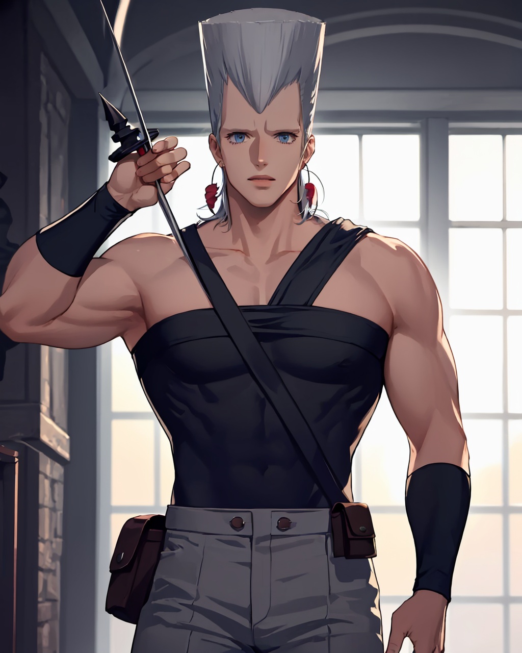 masterpiece,best quality, highly detailed, jean pierre polnareff, 1boy, solo, male focus, rapier, earrings, pouch, holding sword, wristband, muscular, pants,<lora:jean_pierre_polnareff:1>