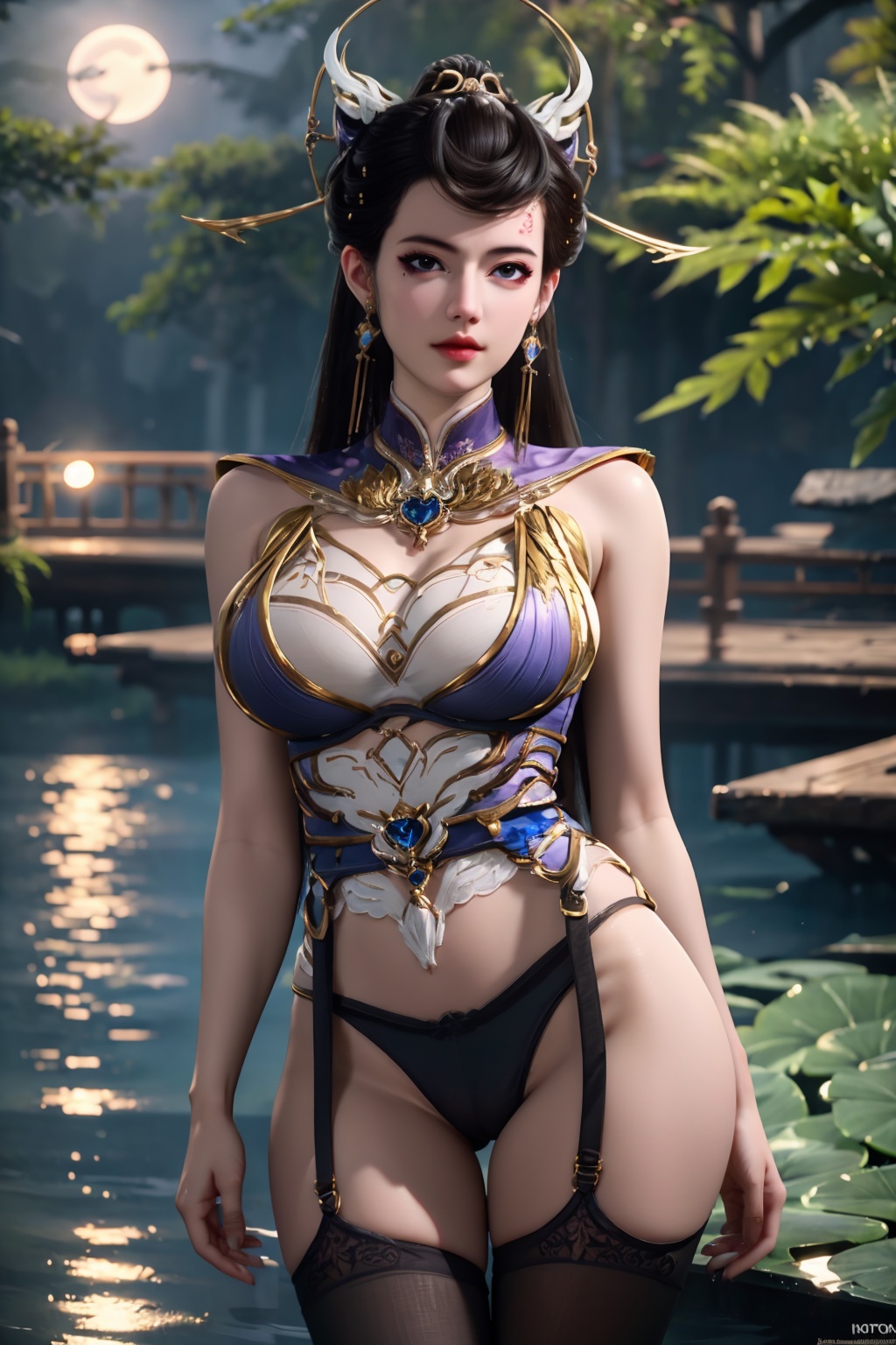 standing,flower,full_moon,moon,night,lily_pad,lotus,moonlight,water,night_sky,lily_\(flower\),sky,partially_submerged,1girl,solo,hair ornament,long hair,realistic,nail polish,photo_\(medium\),(big breasts, cleavage),makeup,(8k, RAW photo, best quality, masterpiece:1.2),(realistic, photorealistic:1.3),ultra-detailed,extremely detailed cg 8k wallpaper,(crystalstexture skin:1.2),extremely delicate and beautiful,(sexy pose:1.2),wearing edgHL,see-through,thighhighs,sexy lingerie,(big breasts:1.2),silk,thin transparent silk,torn pantyhose,
