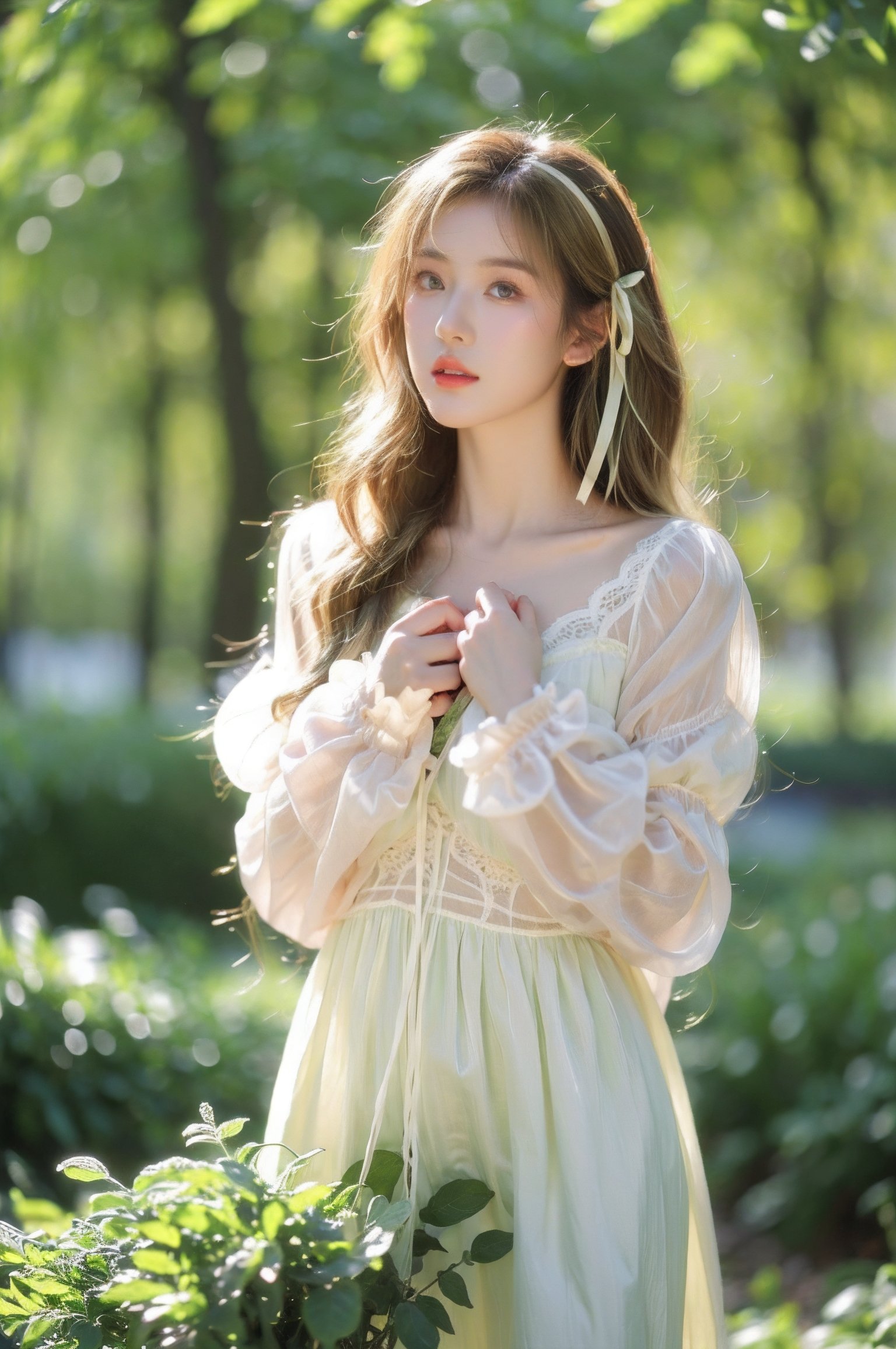1girl,(8k, RAW photo, best quality, masterpiece:1.3),(realistic,photo-realistic:1.37),soft light,(extremely beautiful face:1.1),big eyes,mix4,an extremely delicate and beautiful girl,depth of field,blurry background,delicate,beautiful,beautiful face,beautiful eyes,beautiful girl,delicate face,delicate girl,8k wallpaper,(best quality:1.12),(ultra-detailed:1.12),(highres:1.12),hyper detailed,ultra-detailed,high resolution illustration,colorful,8k wallpaper,highres,Cinematic light,ray tracing,(8k, RAW photo, best quality, masterpiece, ultra highres, ultra detailed:1.2),(realistic, photo-realistic:),outdoors,forest,butterfly,green glowing plants,<lora:绿野仙踪(8):0.6>,<lora:SD1.5泛光调节_v1.0:0.3>,long_sleeves,(blond hair:1.2),(lolita:1.2),dress,lace,spirit,lace,ribbon,hair_ribbon,nature,lyxz,portrait,Dreamy forest,flowers meadows,