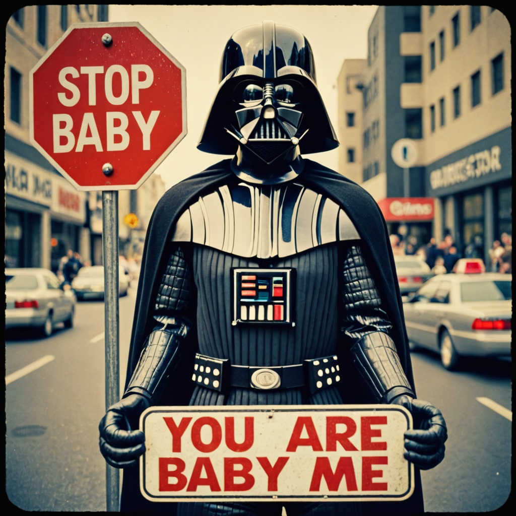 Star Wars analog film photo Photo of darth vader in matrix with a stop sign that says "you are baby me" . faded film,  des...