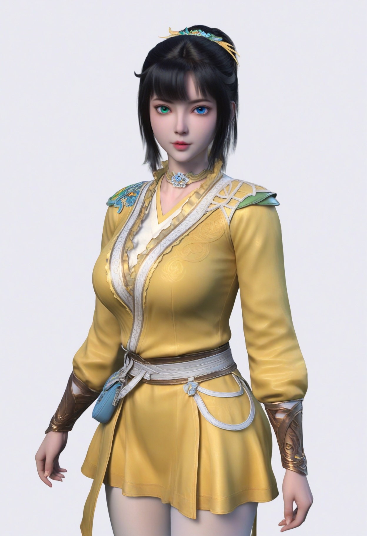 score_9,<lora:SF_SiKongQianLuo_Pony_Realism2.3-000003:0.7>,1girl,solo,bangs,heterochromia,green eyes,blue eyes,black hair,yellow clothes,large breasts,yellow dress,white pantyhose,standing,looking at viewer,white background,