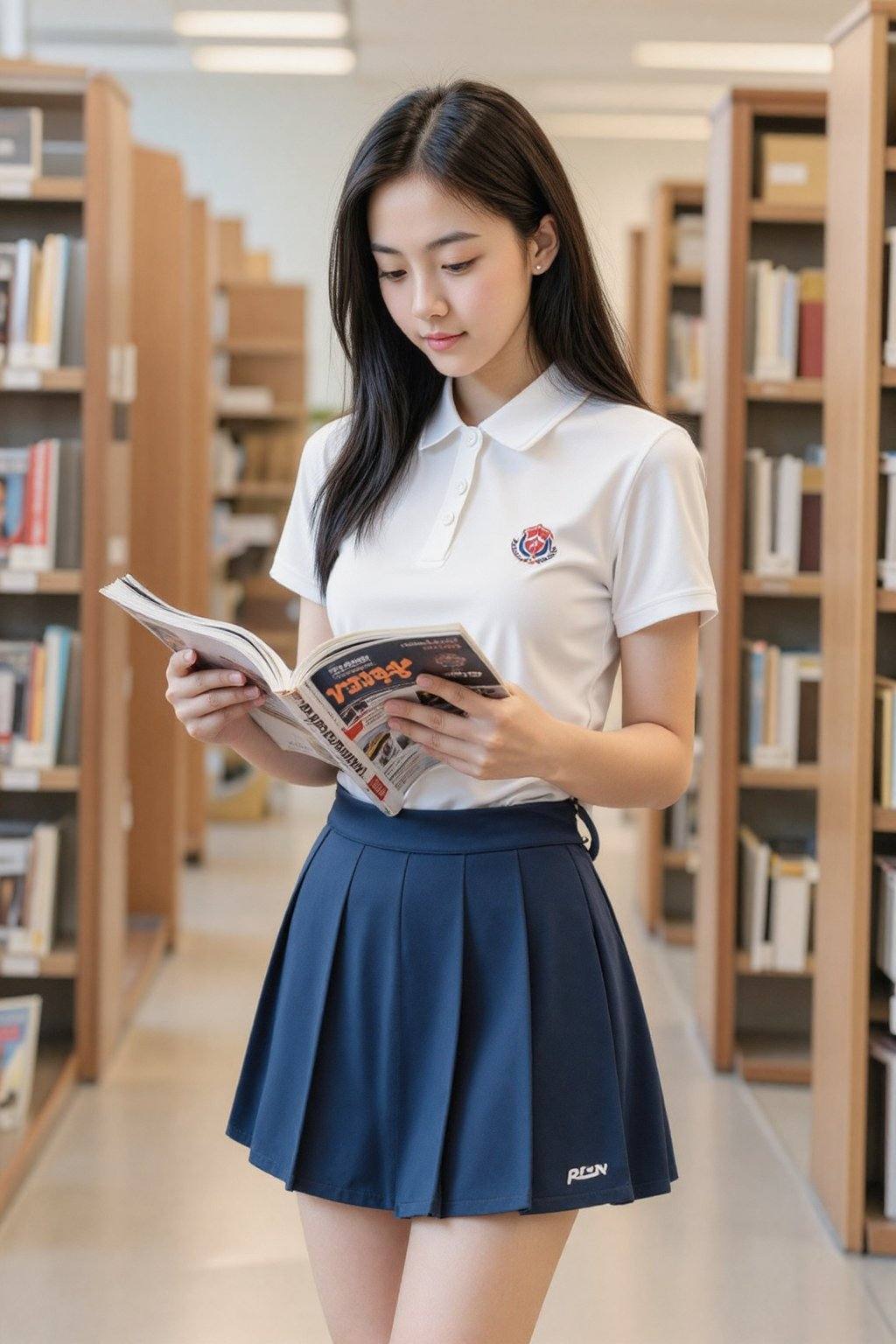 一位留着黑色长发的亚洲女性,  身穿白色polo衫和藏蓝色百褶裙,  在现代图书馆里阅读杂志。 on Tensor.Art