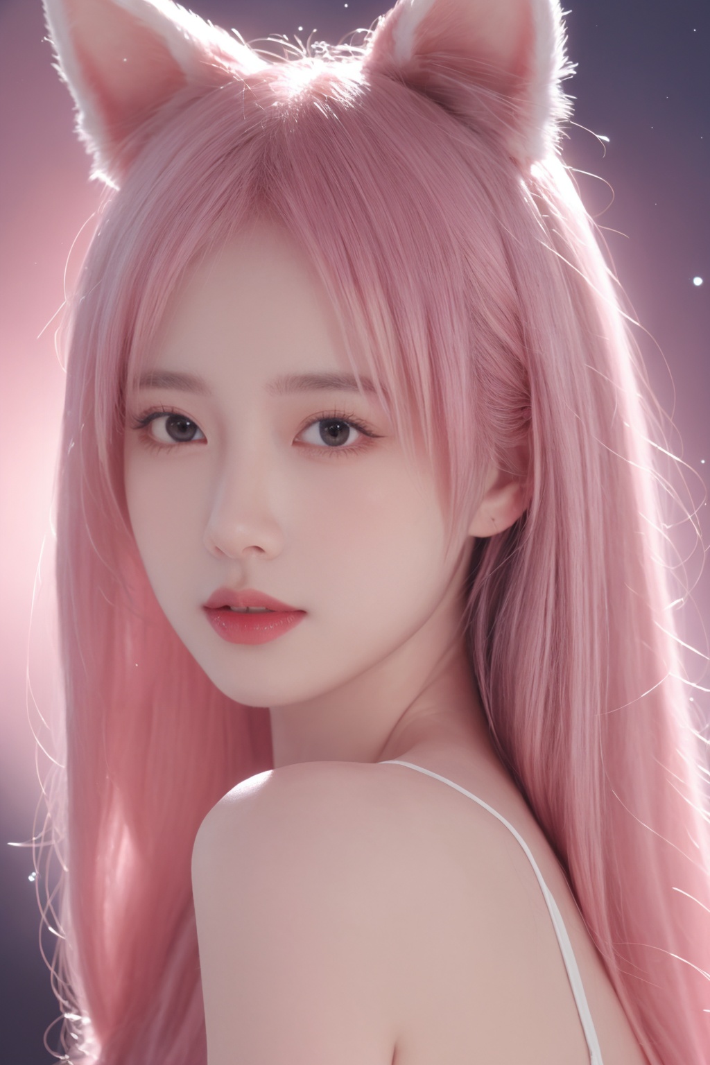 1 girl, fox ears, beautiful face, pink hair, pink lips, (seductive), backlight, starry sky<lora:girl_20231008111901:0.6>